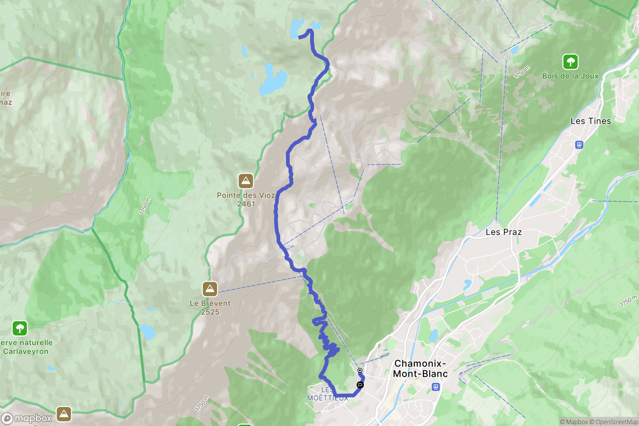 Chamonix-Mont-Blanc : carte du parcours de randonnée - France