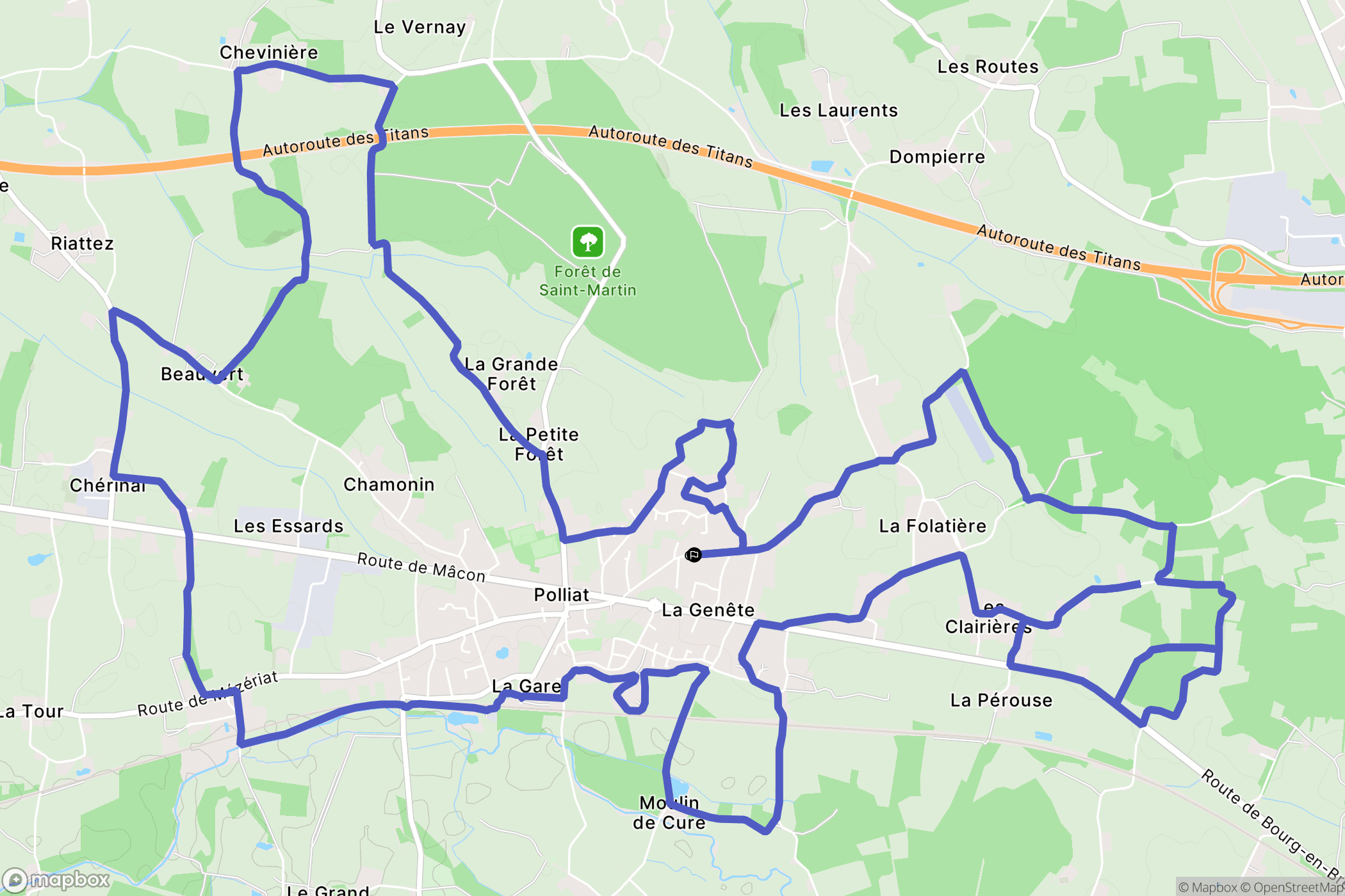 Polliat : carte du parcours de randonnée - France