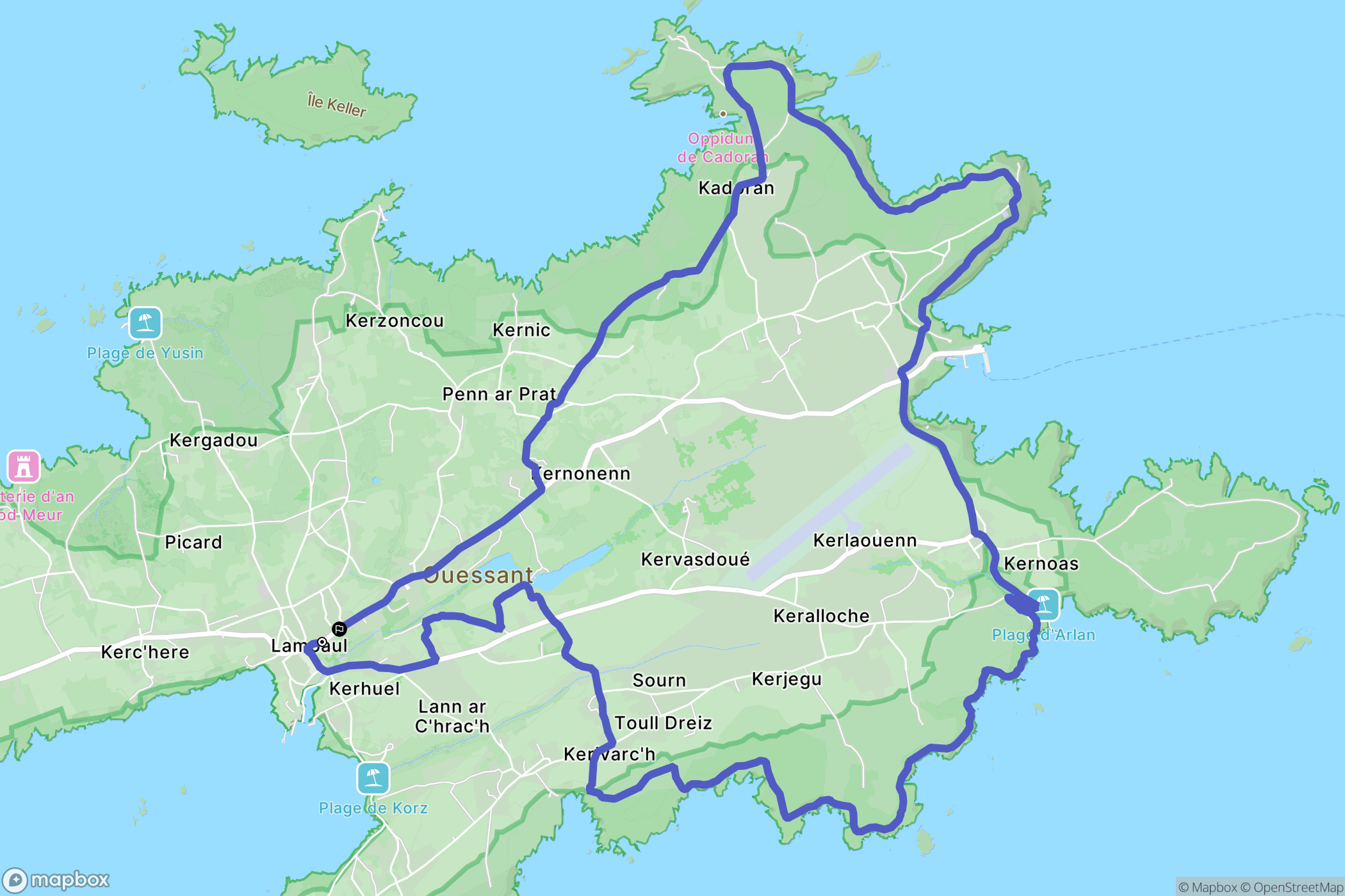 Ouessant : carte du parcours de randonnée - France