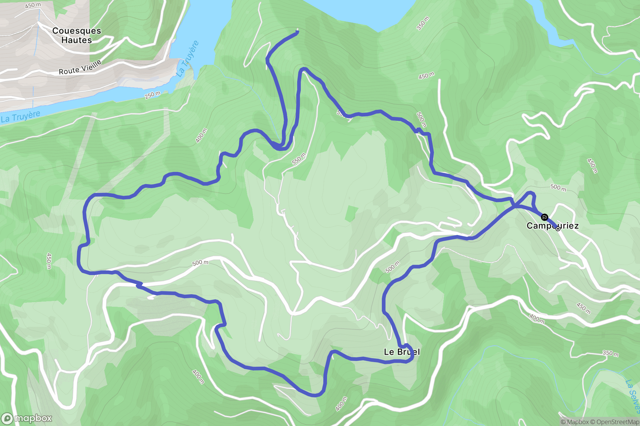 Campouriez : carte du parcours de randonnée - France