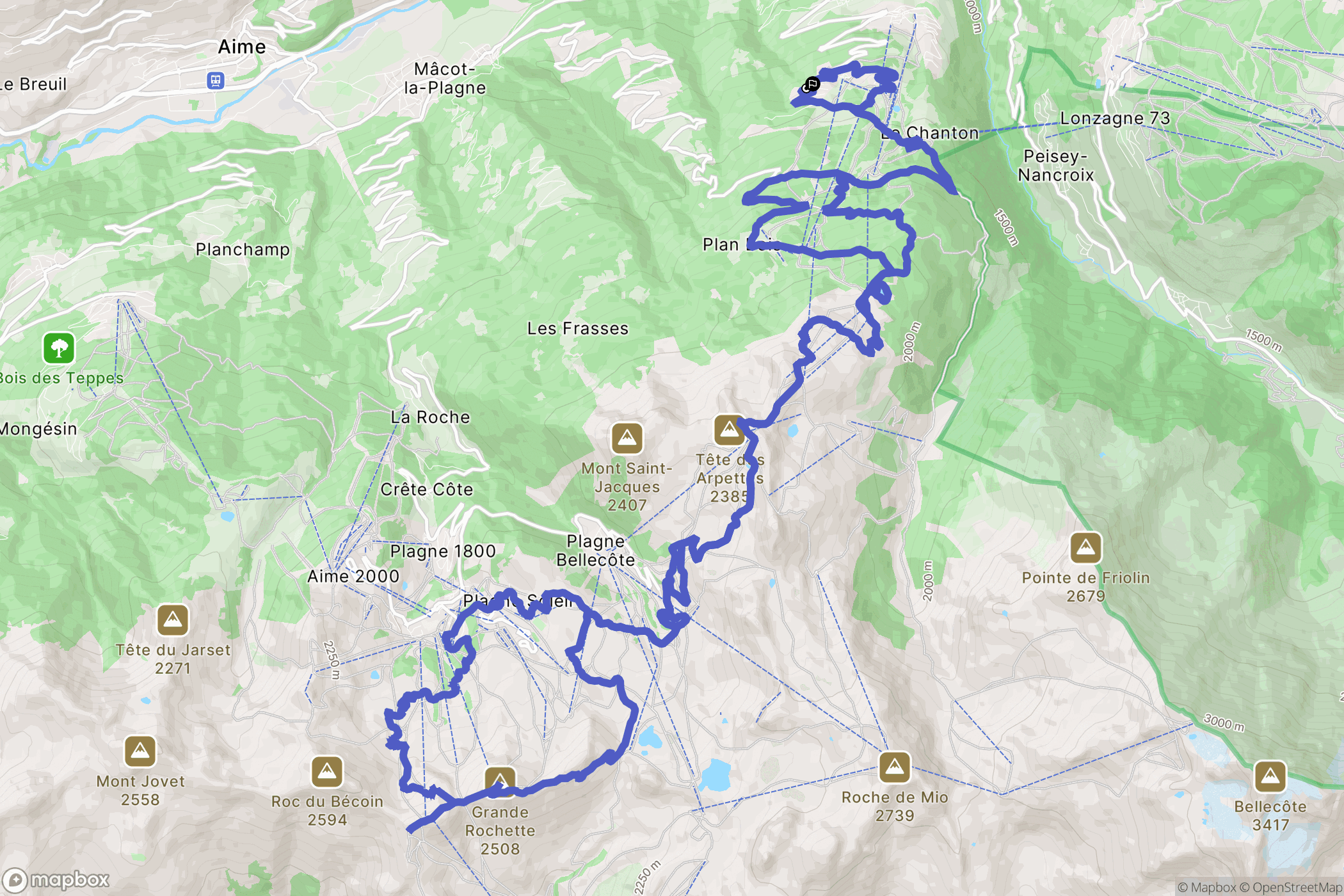 La Plagne-Tarentaise : carte du parcours de randonnée - France