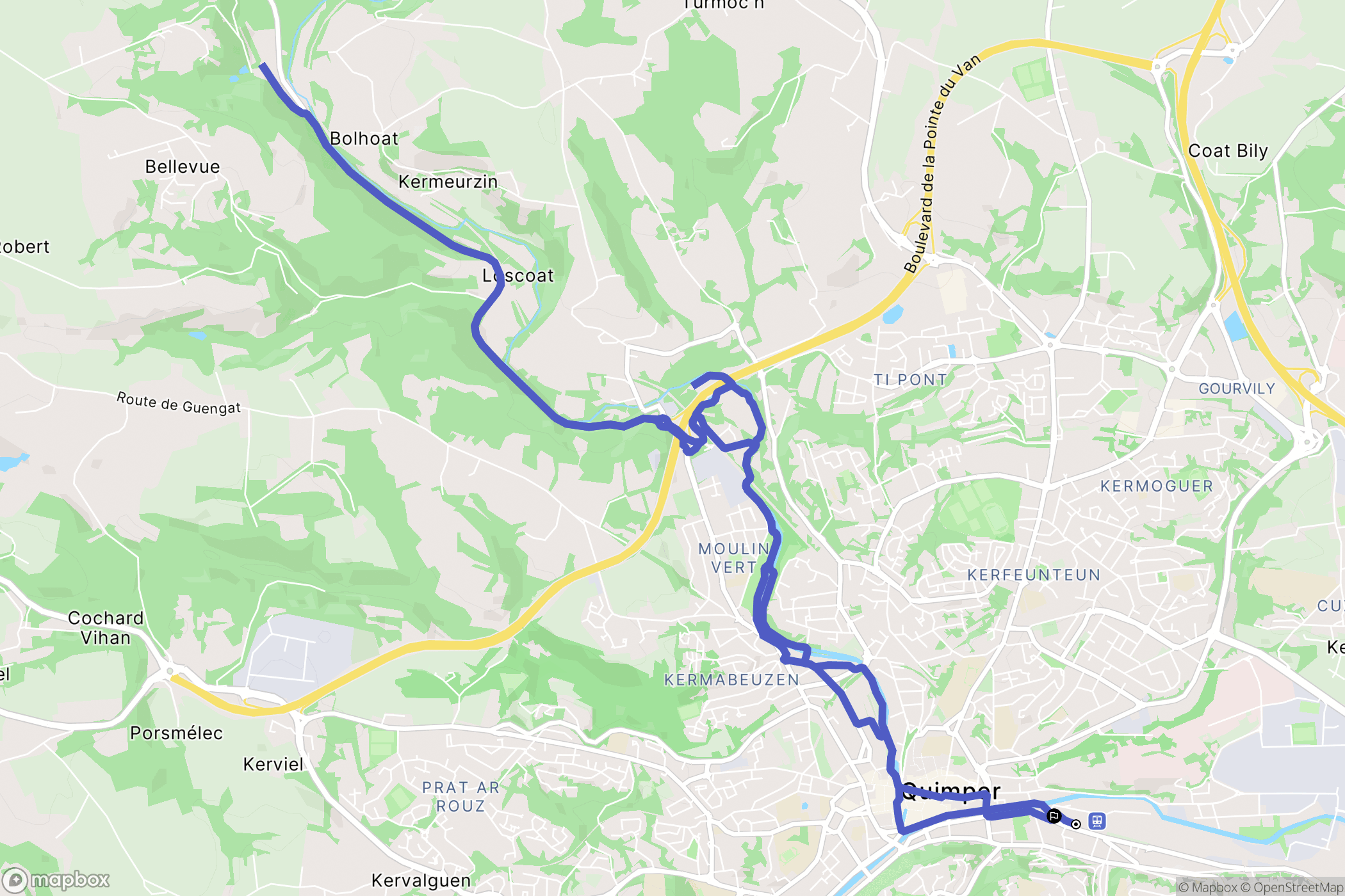 Quimper : carte du parcours de randonnée - France