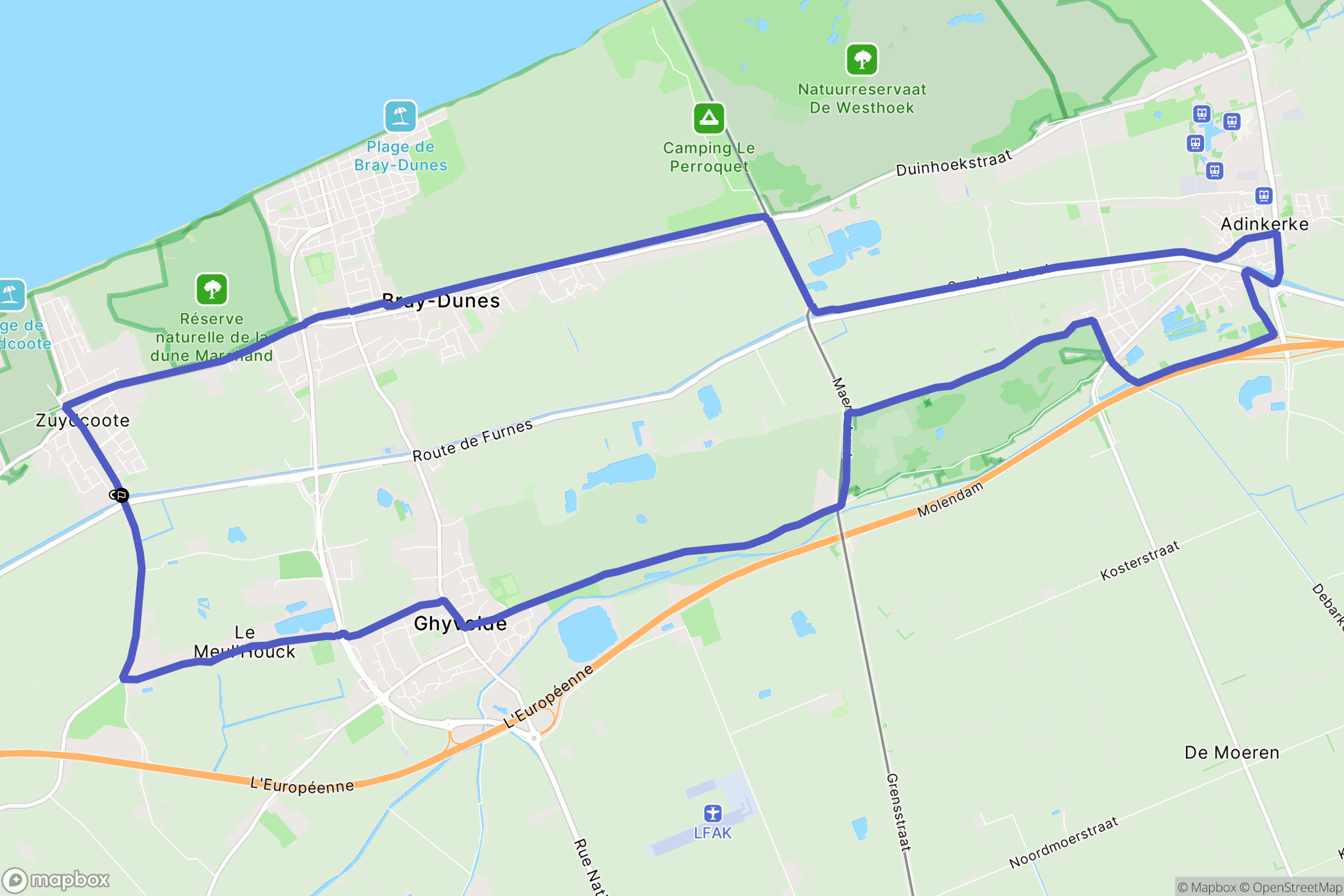 Zuydcoote : carte du parcours de randonnée - France