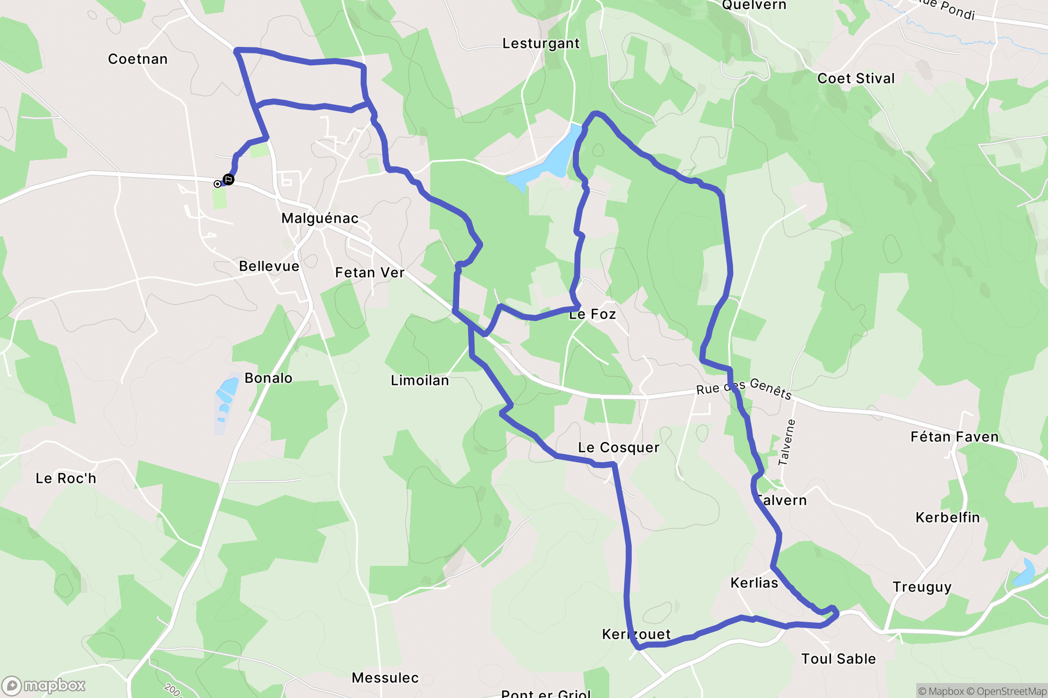 Malguénac : carte du parcours de randonnée - France