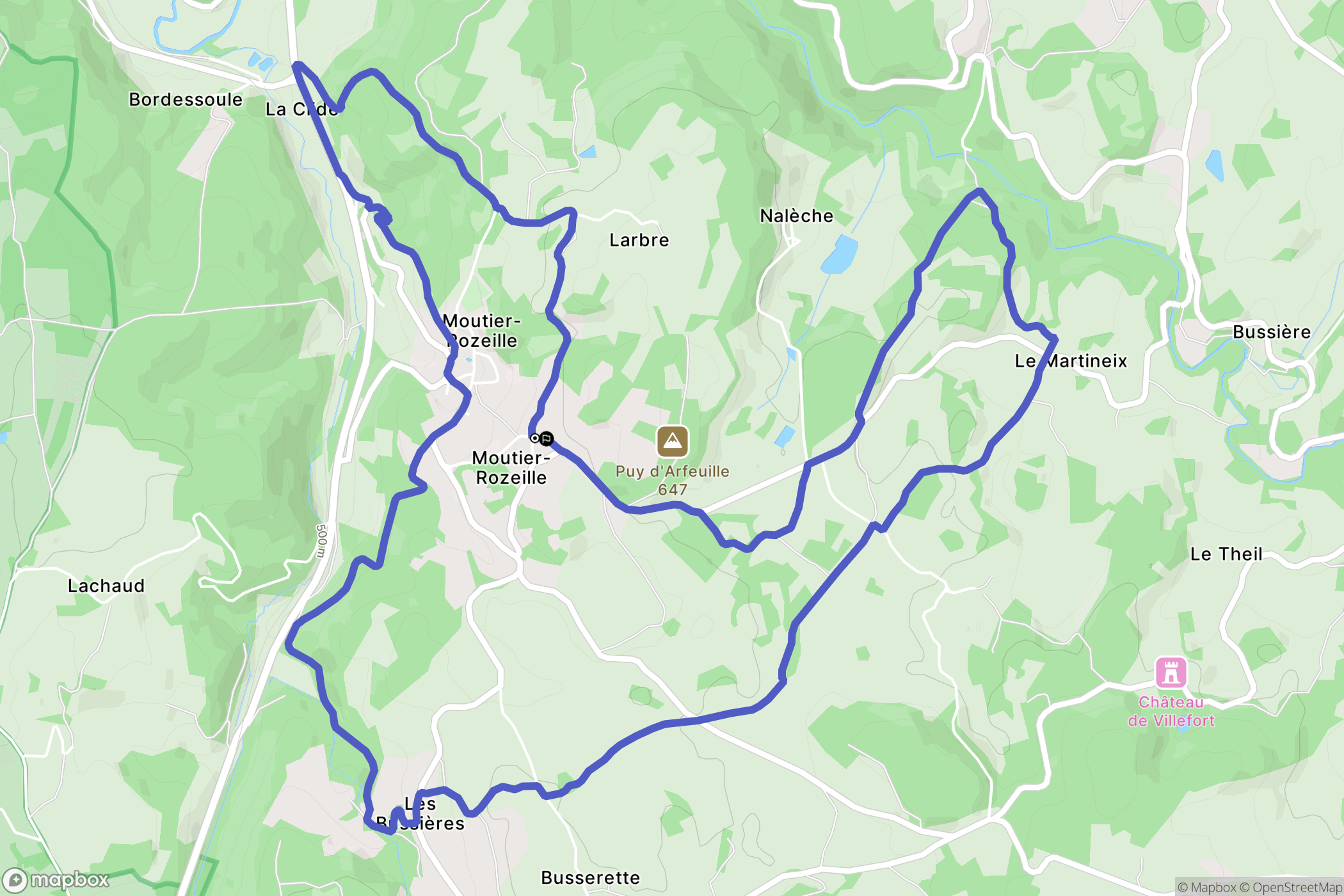 Moutier-Rozeille : carte du parcours de randonnée - France