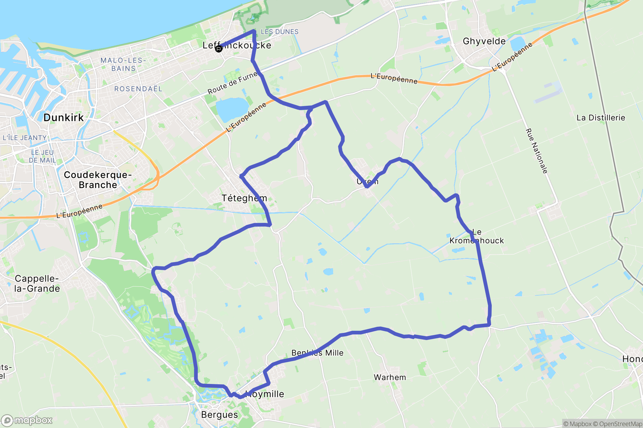 Dunkerque : carte du parcours de randonnée - France