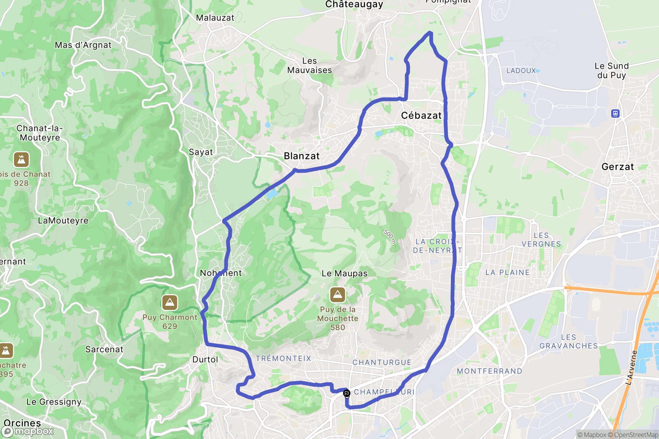 Clermont-Ferrand : carte du parcours de randonnée - France