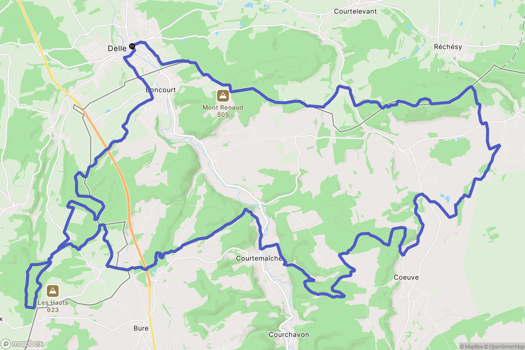 Delle : carte du parcours de randonnée - France
