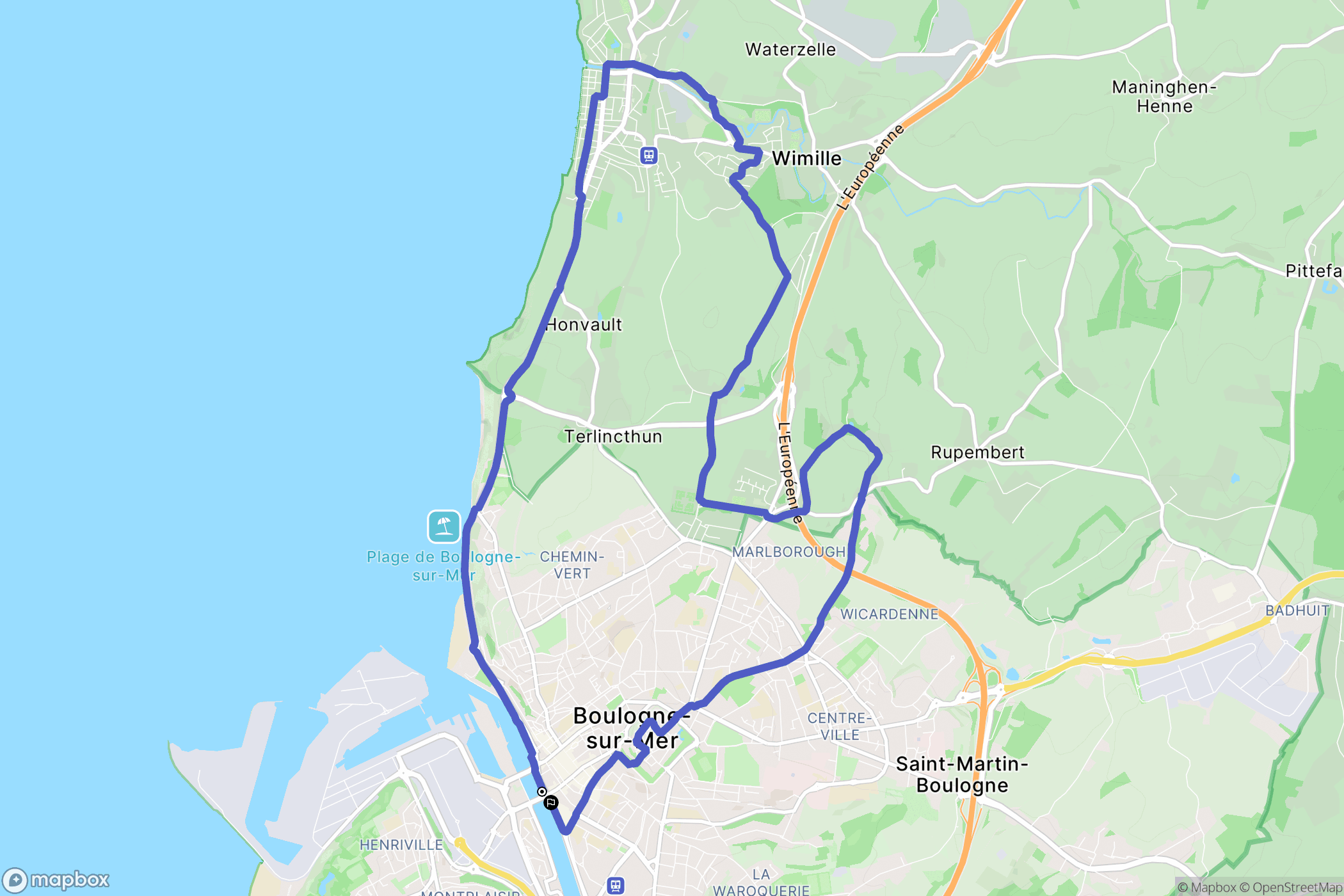 Boulogne-sur-Mer : carte du parcours de randonnée - France