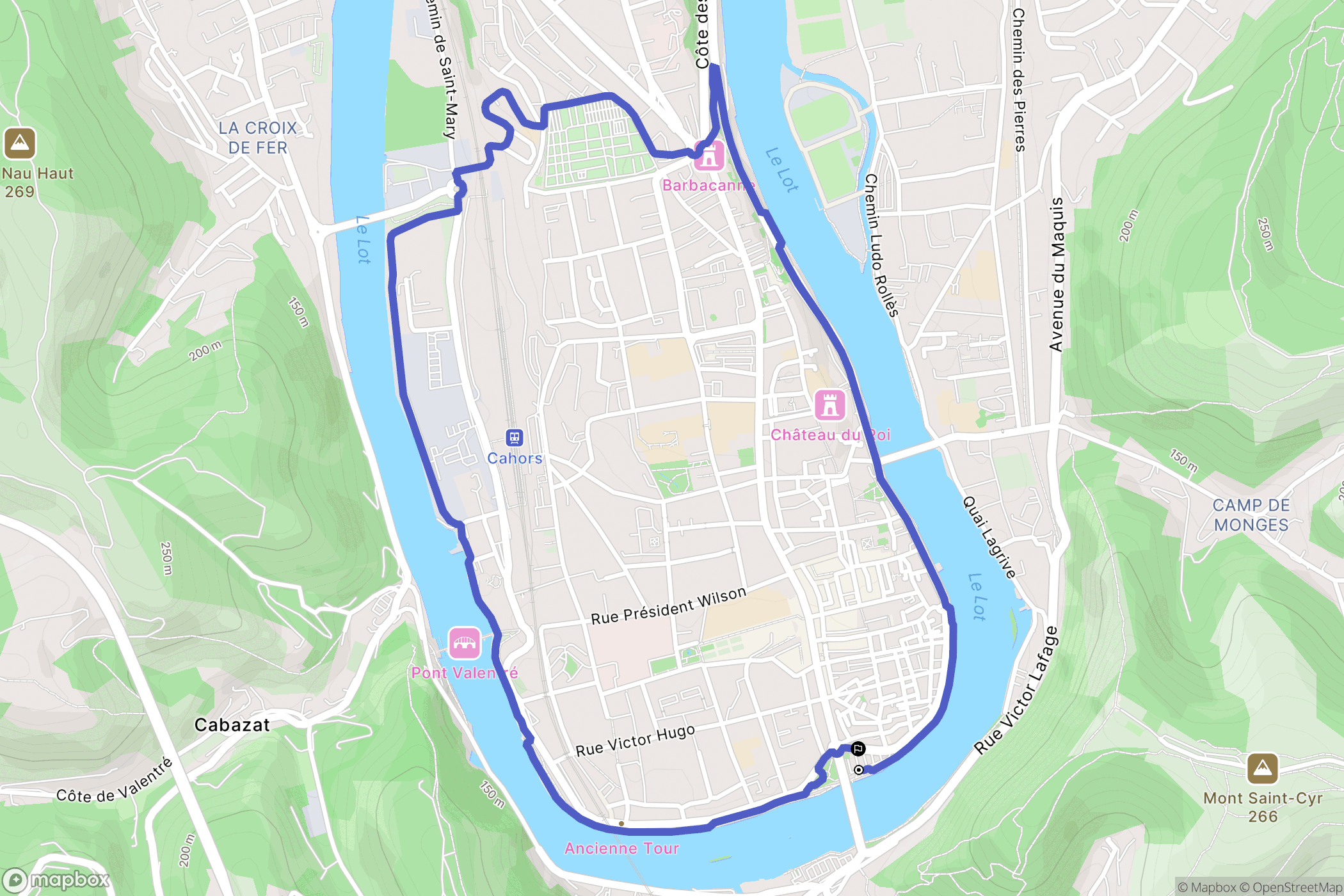 Cahors : carte du parcours de randonnée - France