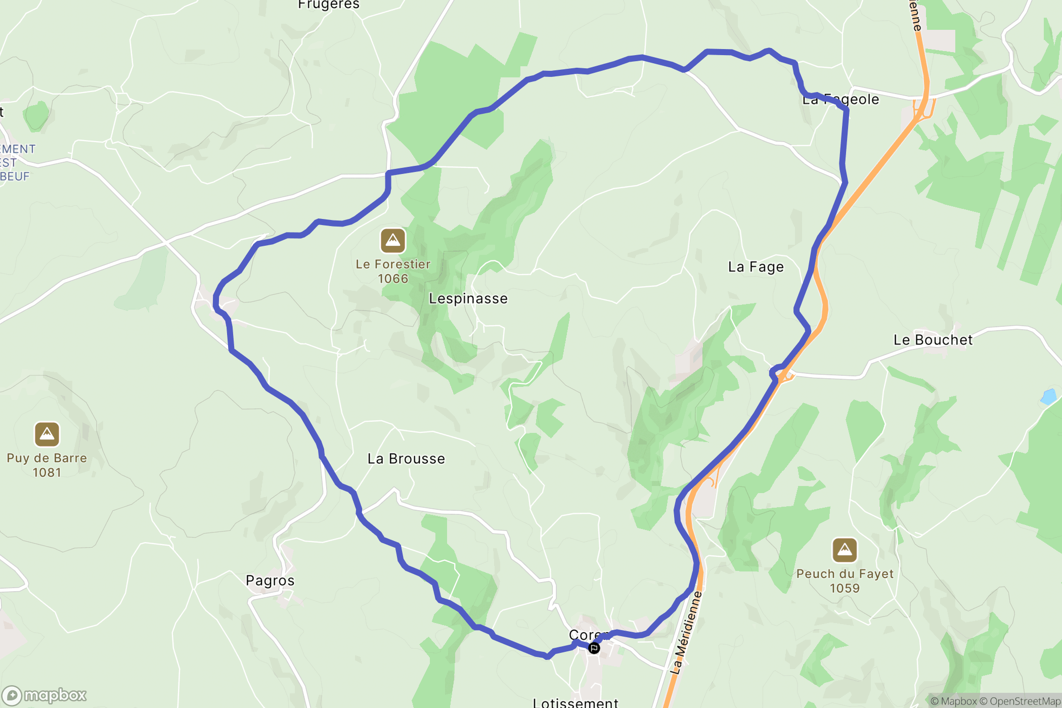 Coren : carte du parcours de randonnée - France