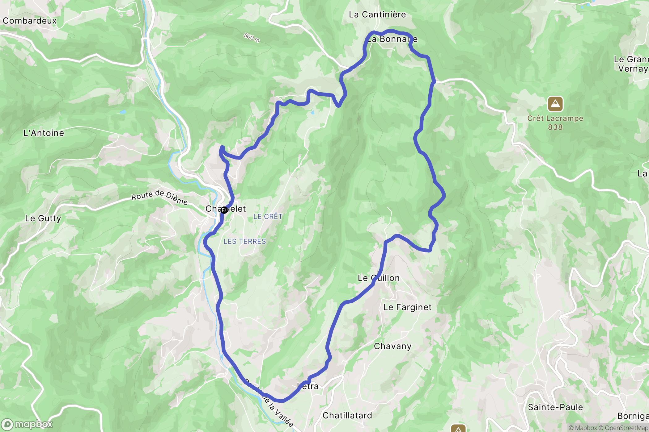 Chamelet : carte du parcours de randonnée - France