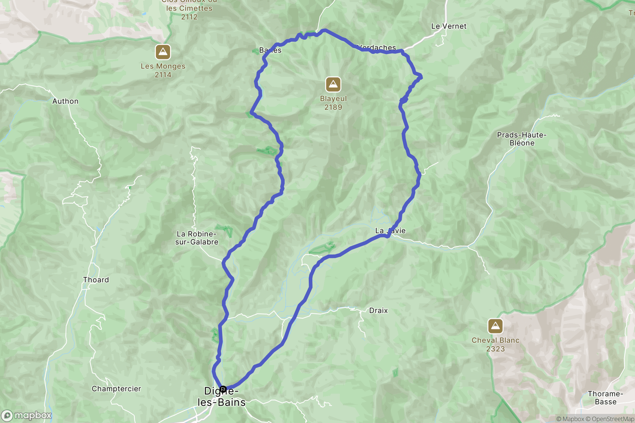 Digne-les-Bains : carte du parcours de randonnée - France
