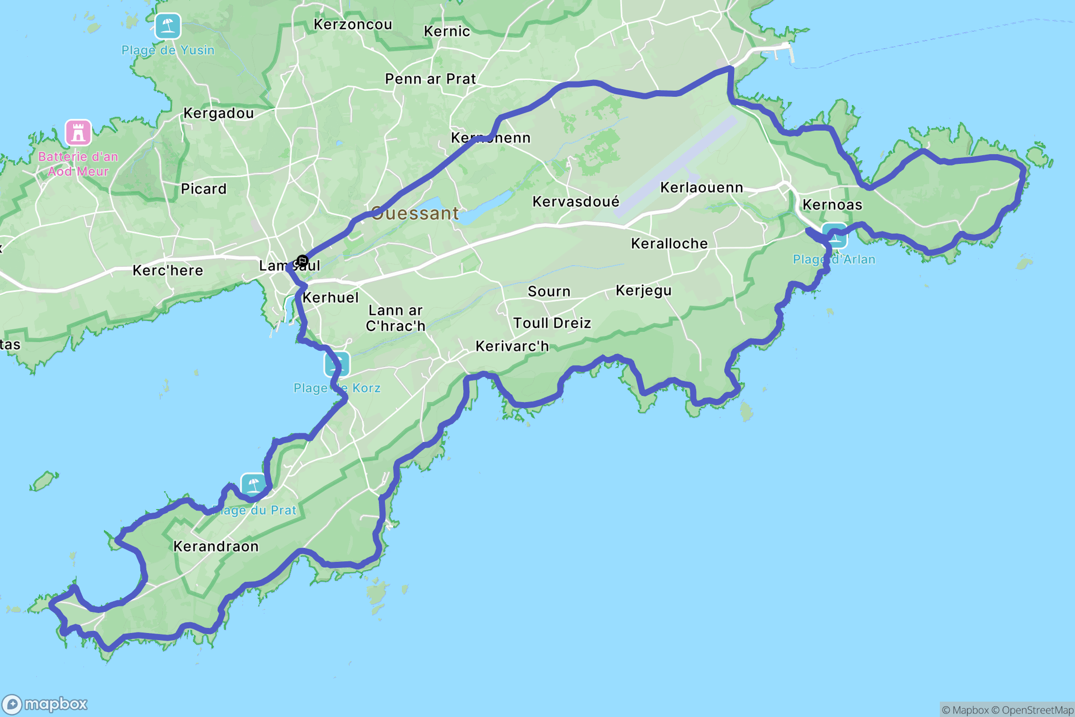 Ouessant : carte du parcours de randonnée - France