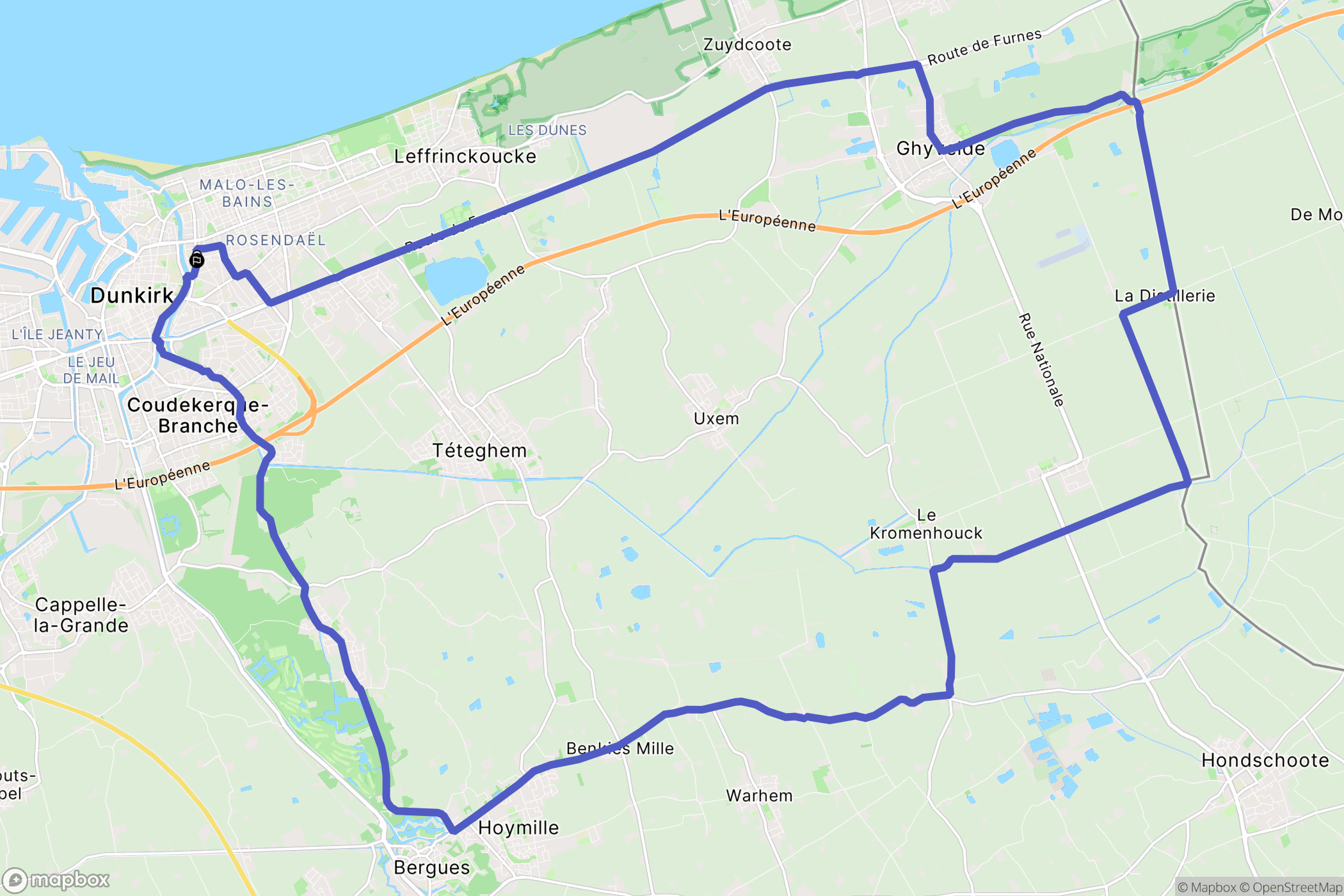 Dunkerque : carte du parcours de randonnée - France