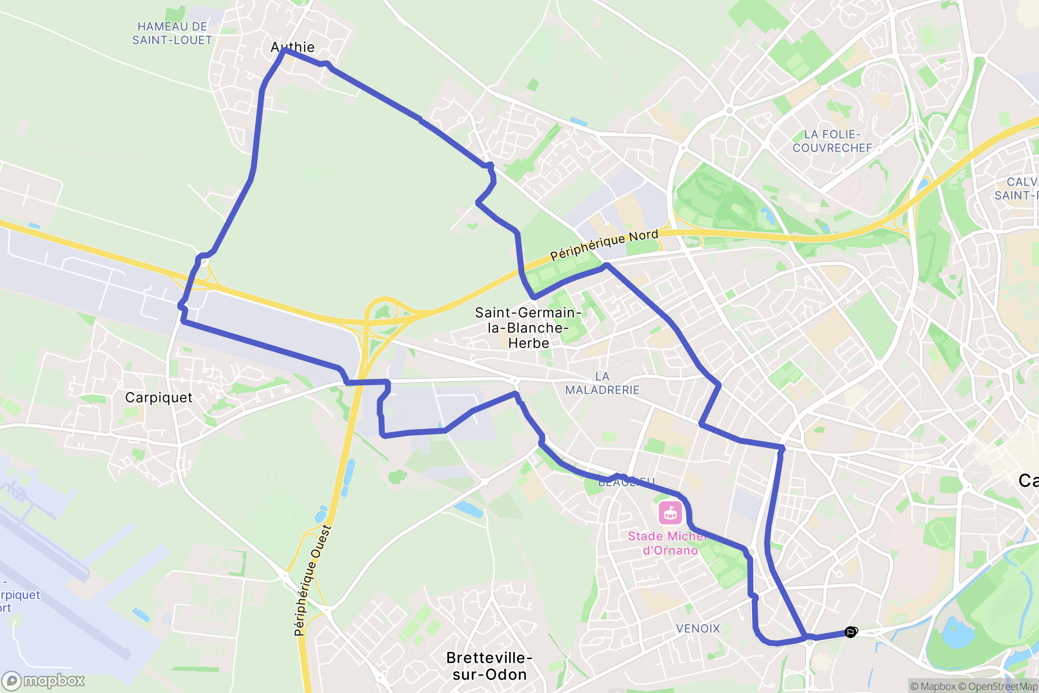 Caen : carte du parcours de randonnée - France