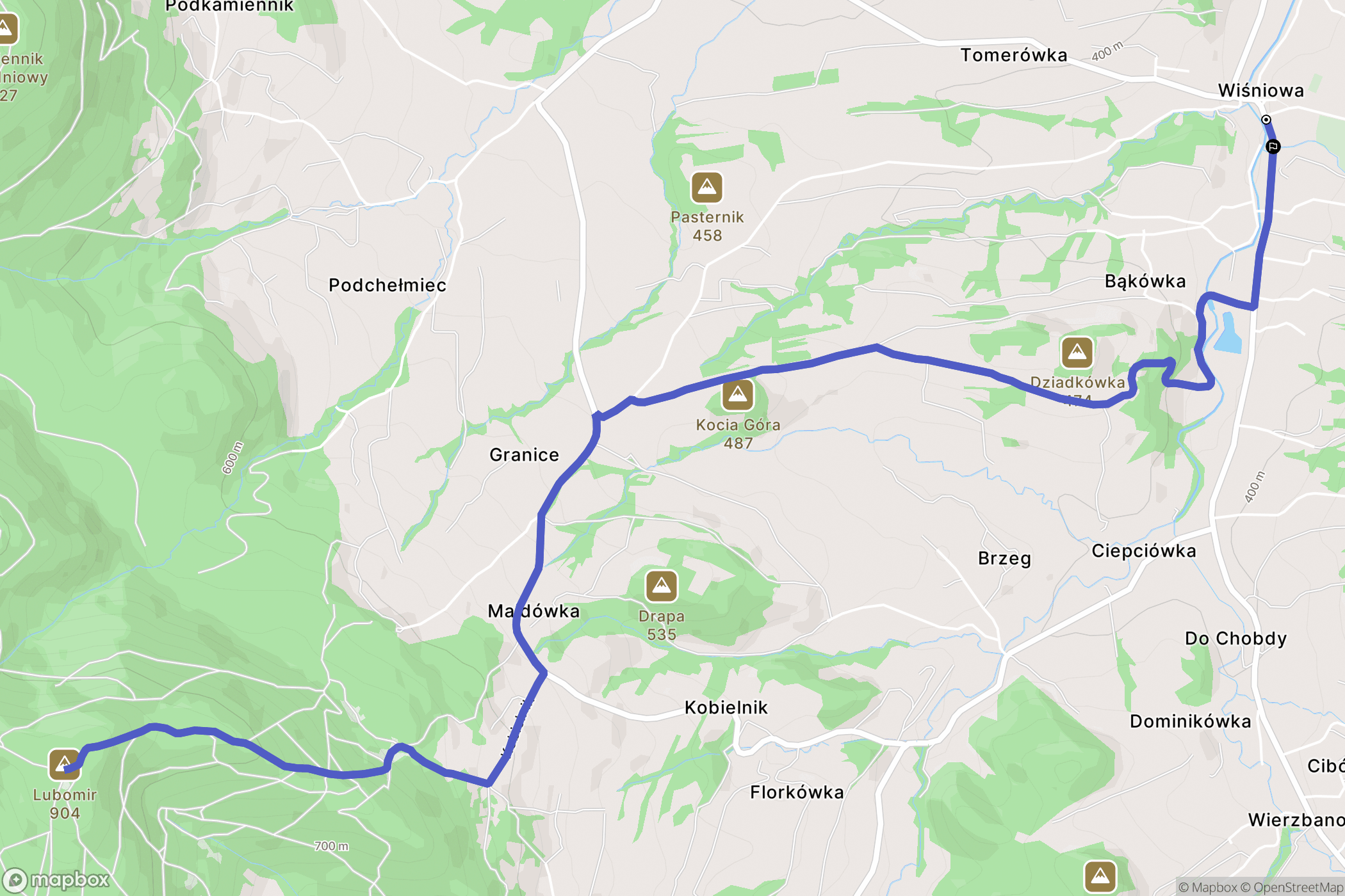 Wiśniowa: mapa trasy - Poland