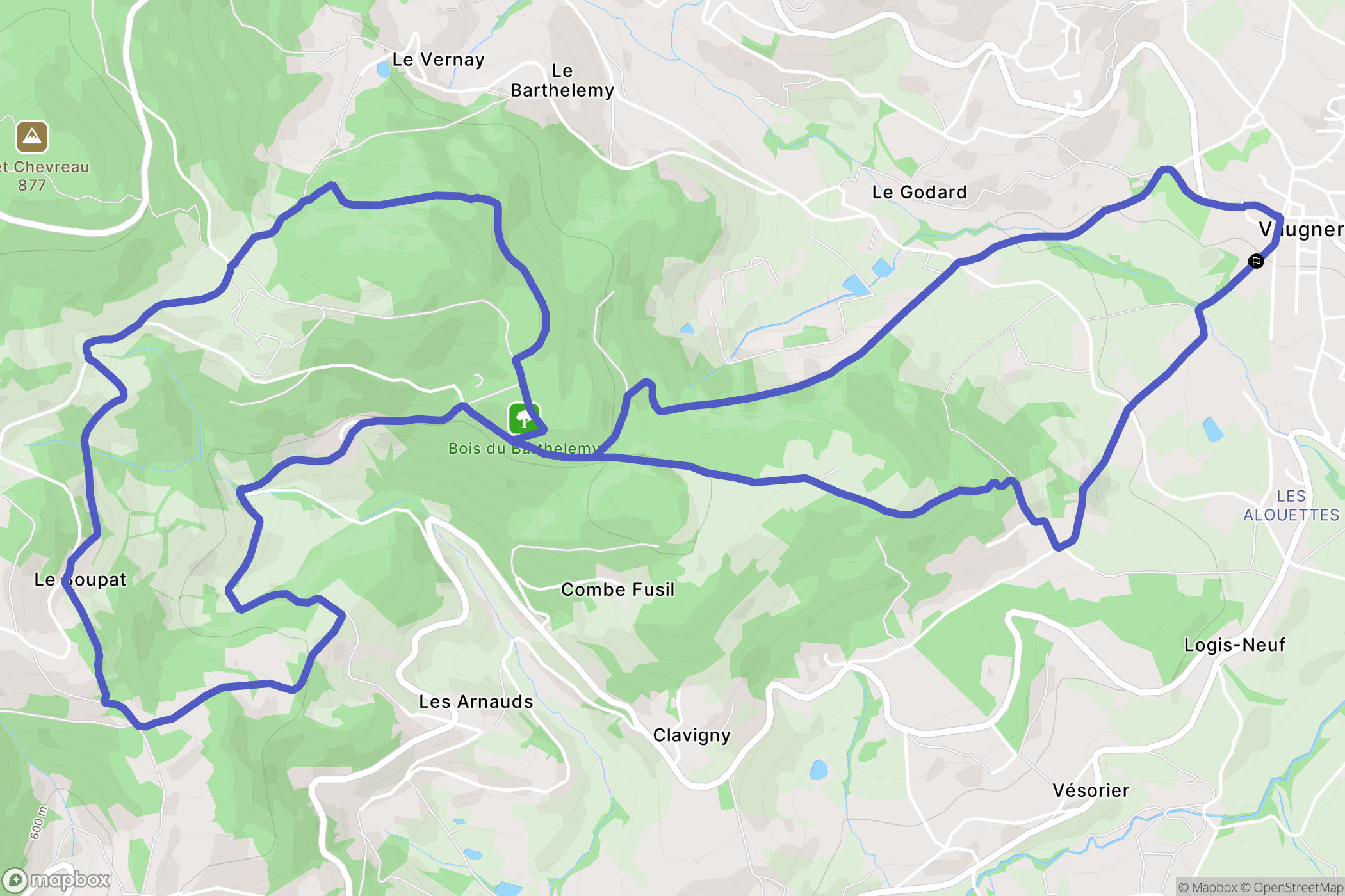 Vaugneray : carte du parcours de randonnée - France