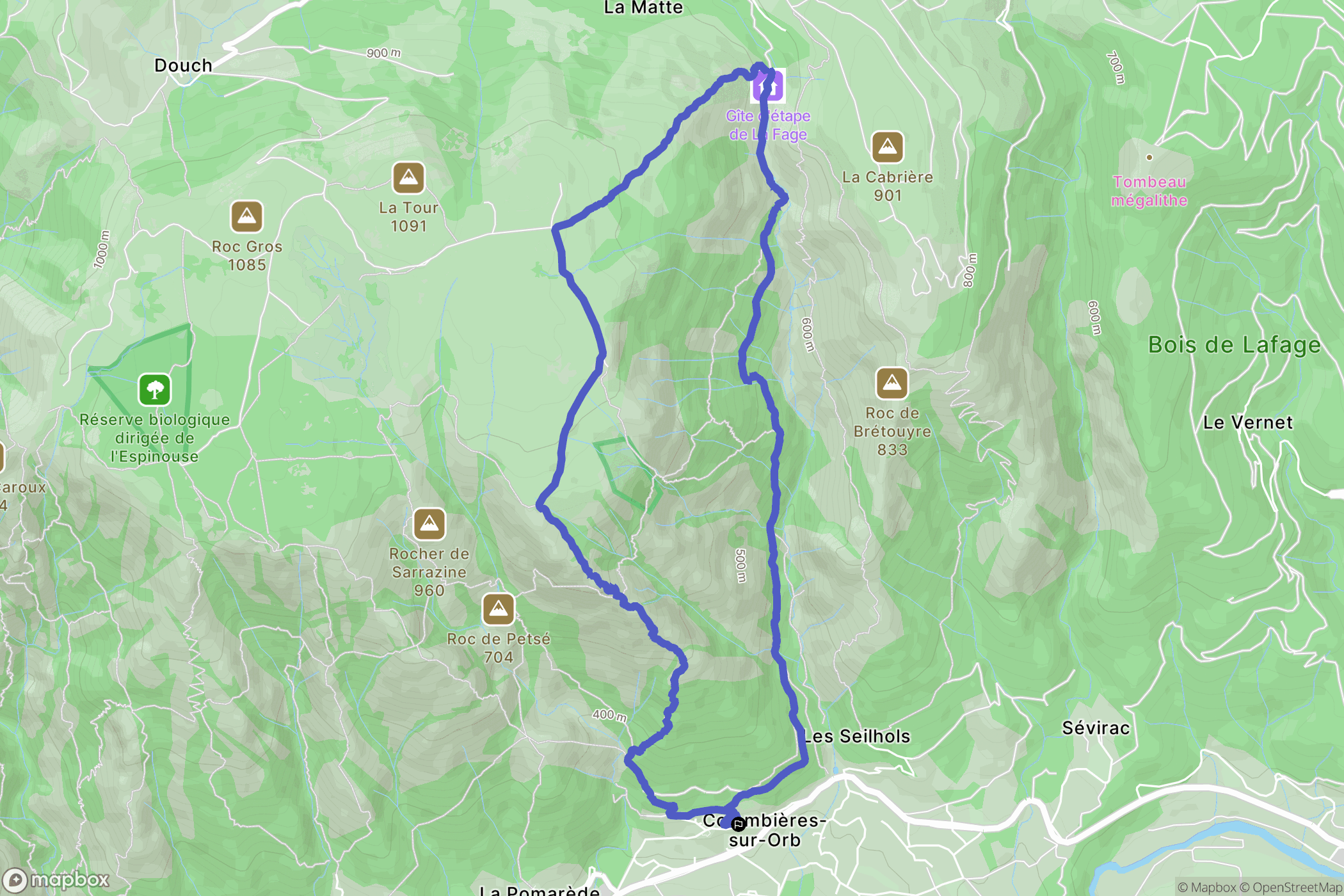 Colombières-sur-Orb : carte du parcours de randonnée - France