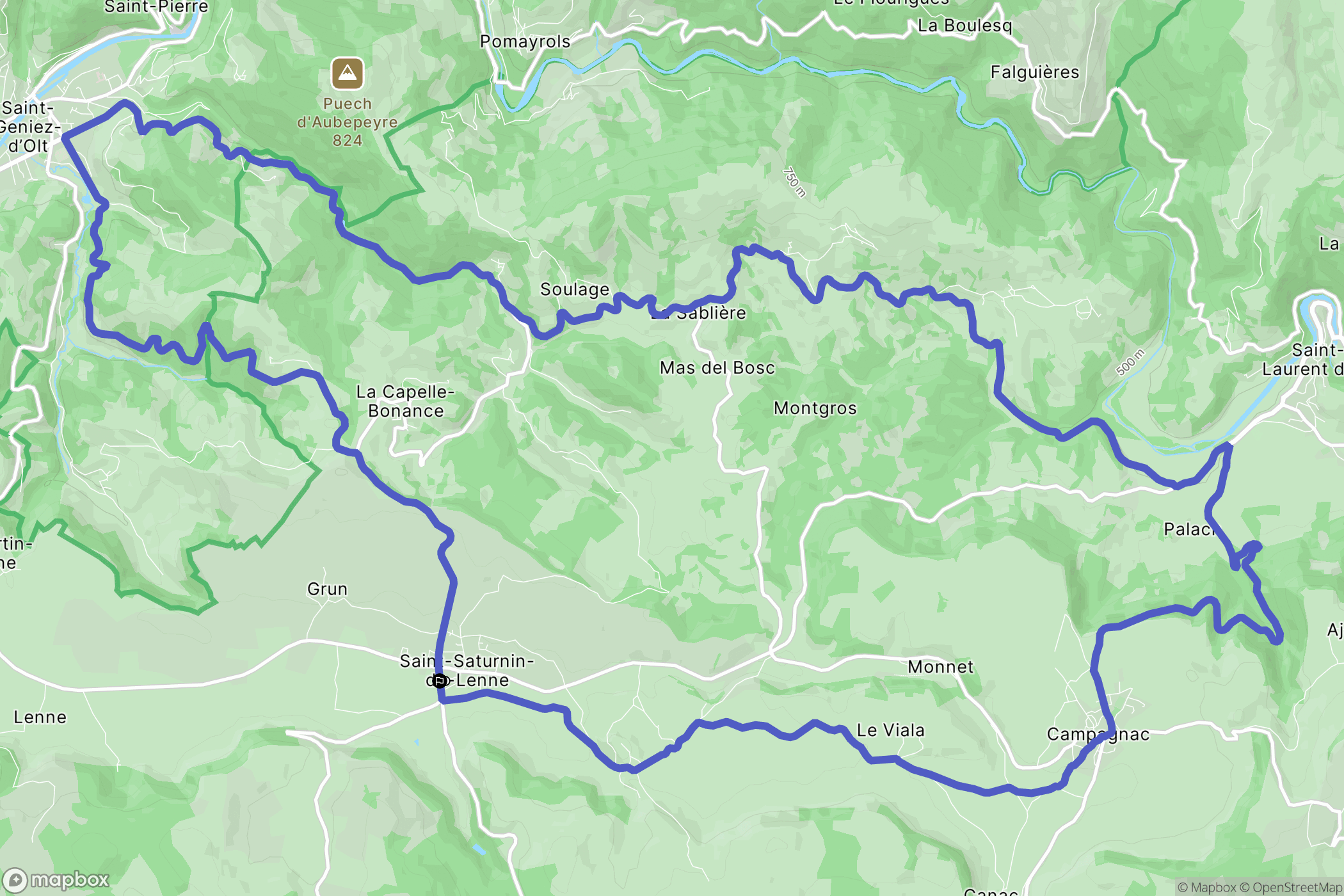Saint-Saturnin-de-Lenne : carte du parcours de randonnée - France
