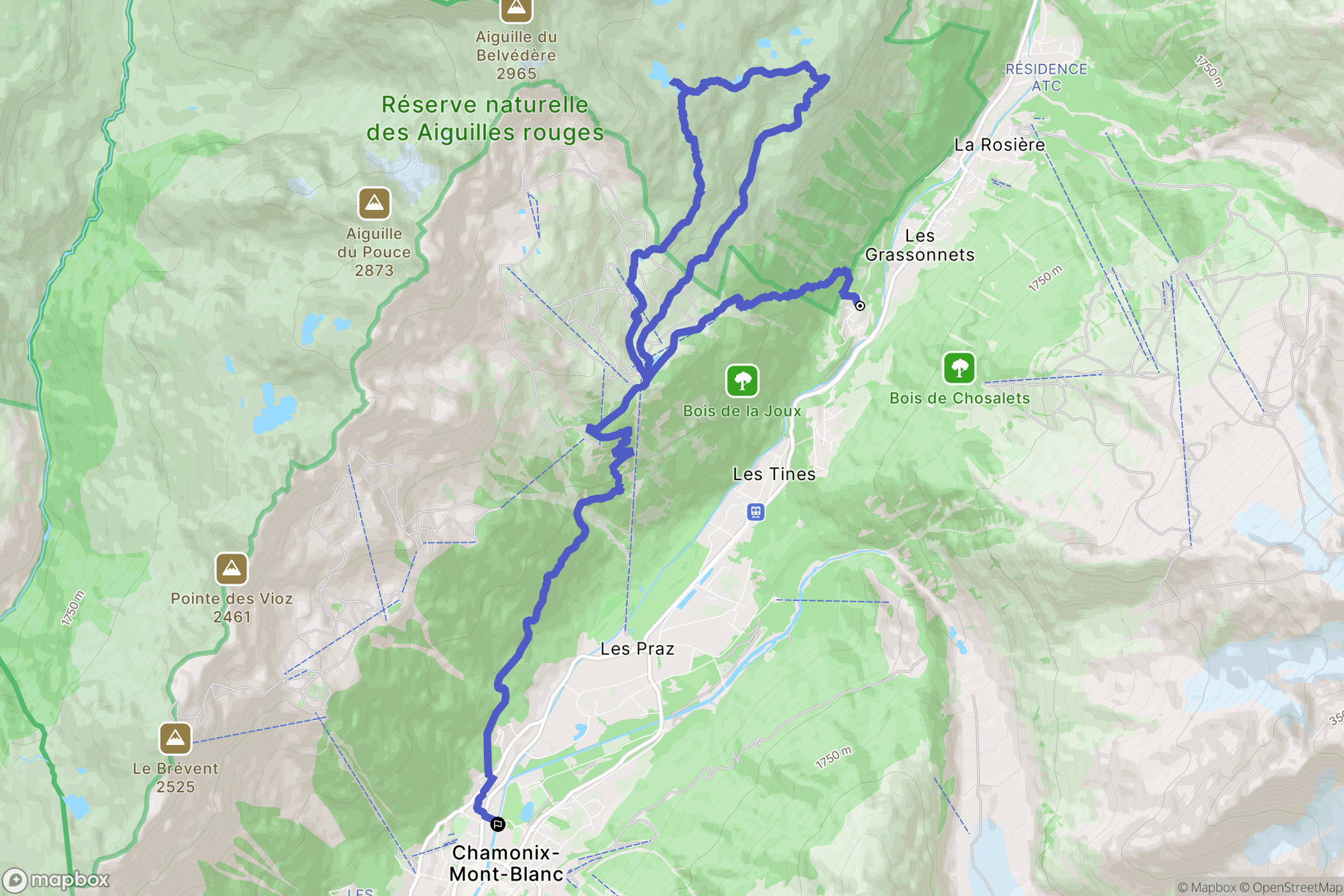 Chamonix-Mont-Blanc : carte du parcours de randonnée - France