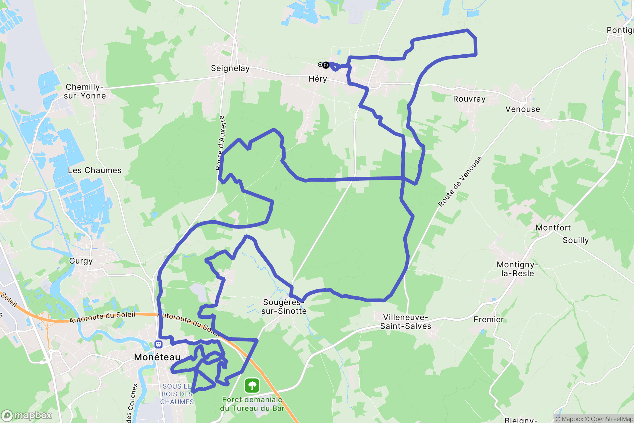 Héry : carte du parcours de randonnée - France
