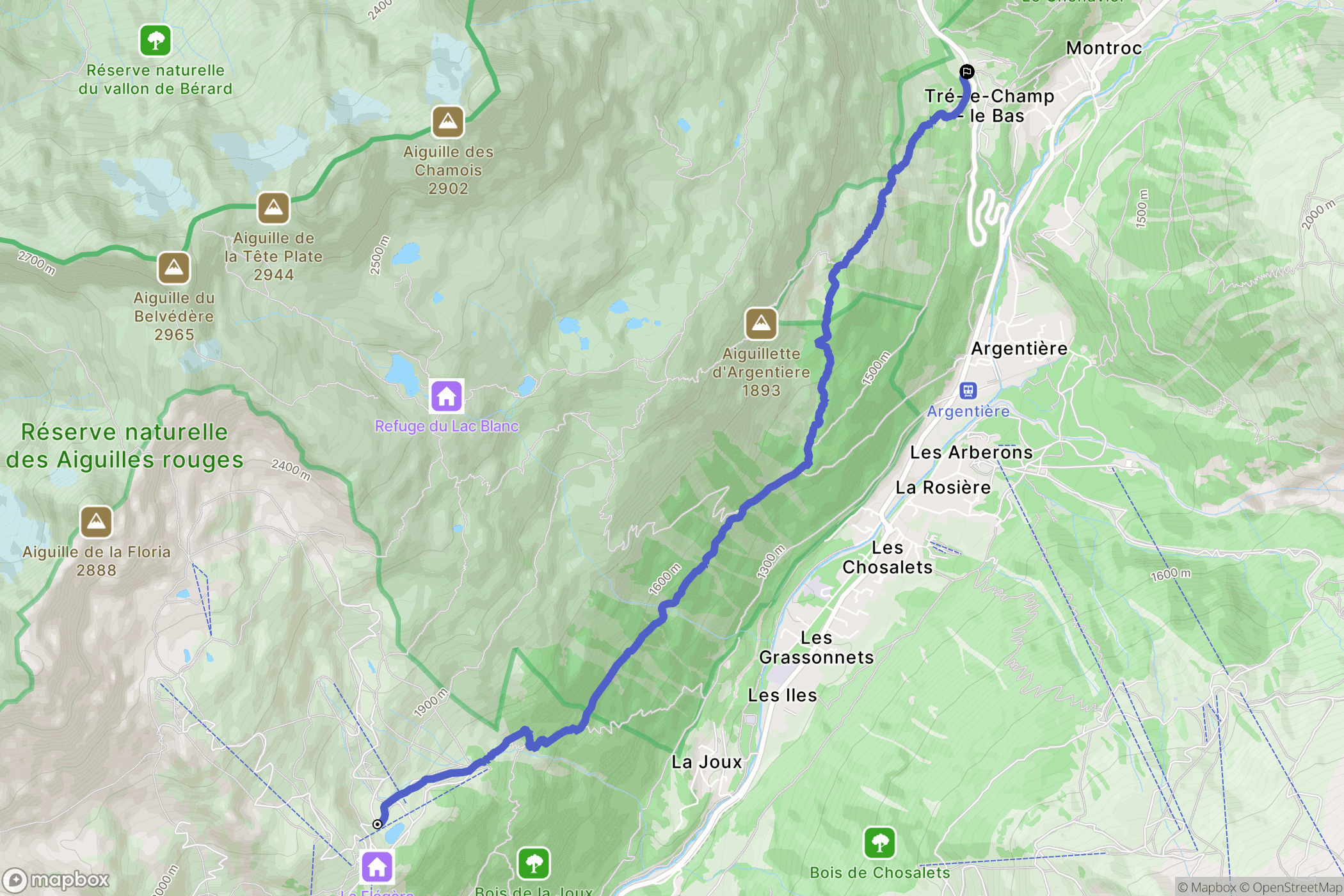 Chamonix-Mont-Blanc : carte du parcours de randonnée - France