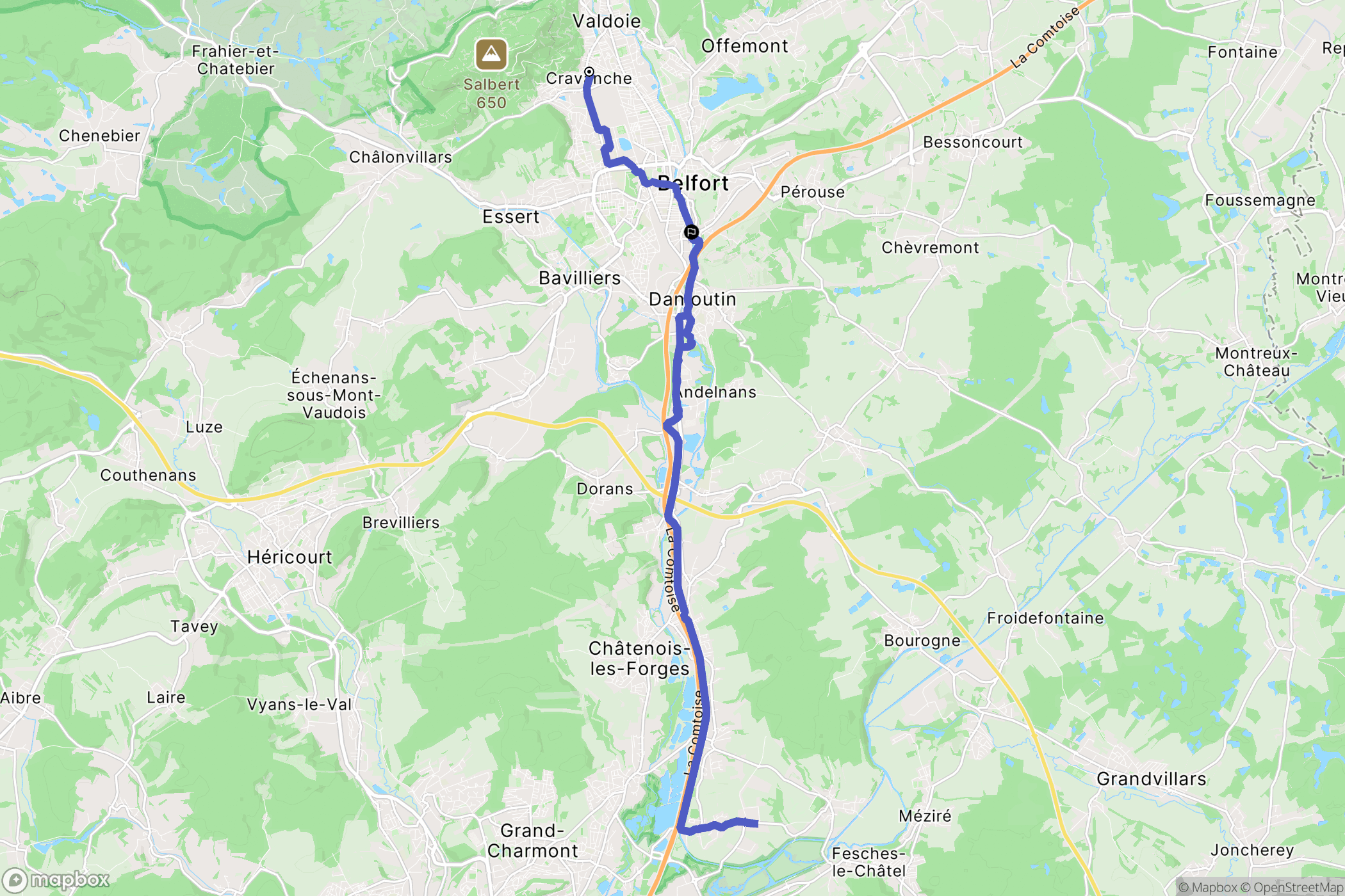 Cravanche : carte du parcours de randonnée - France