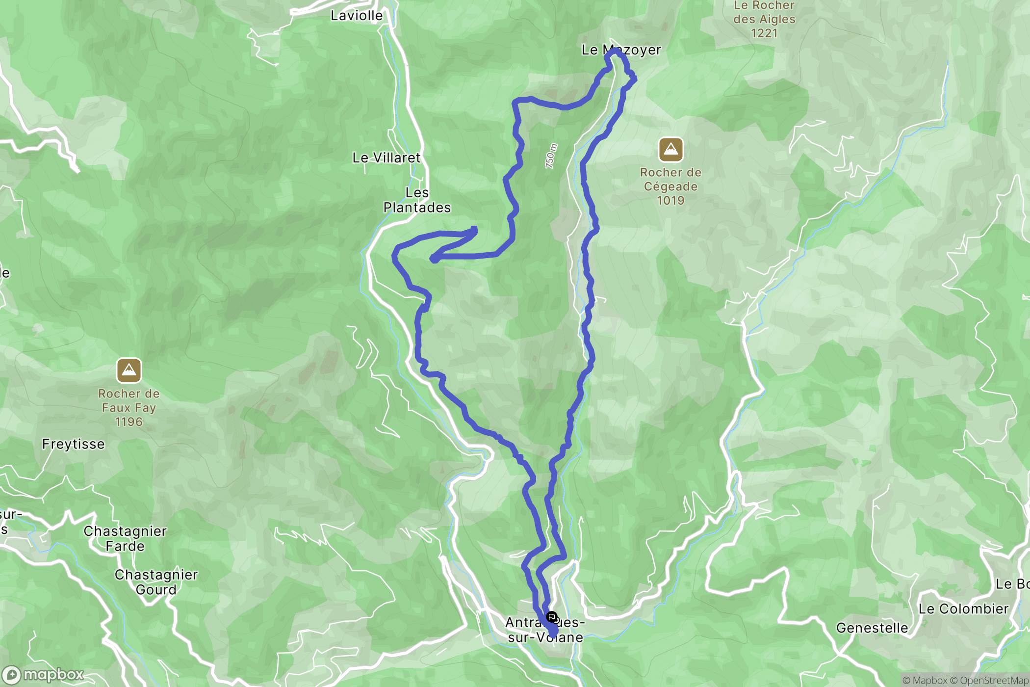 Vallées-d'Antraigues-Asperjoc : carte du parcours de randonnée - France
