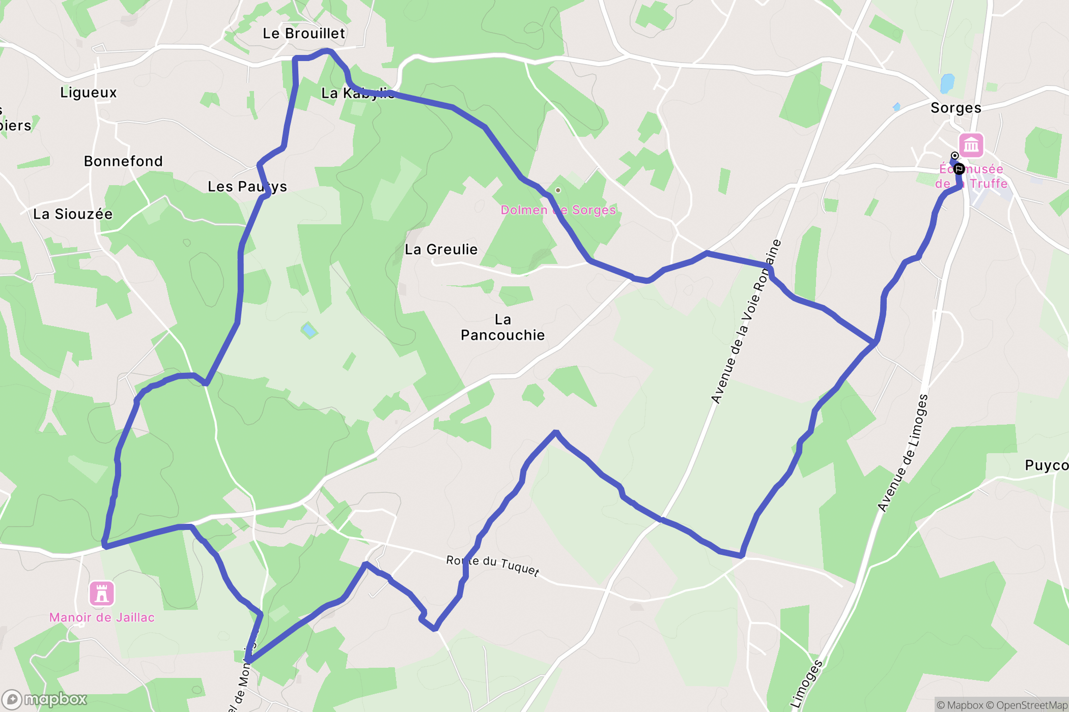 Sorges et Ligueux en Périgord : carte du parcours de randonnée - France
