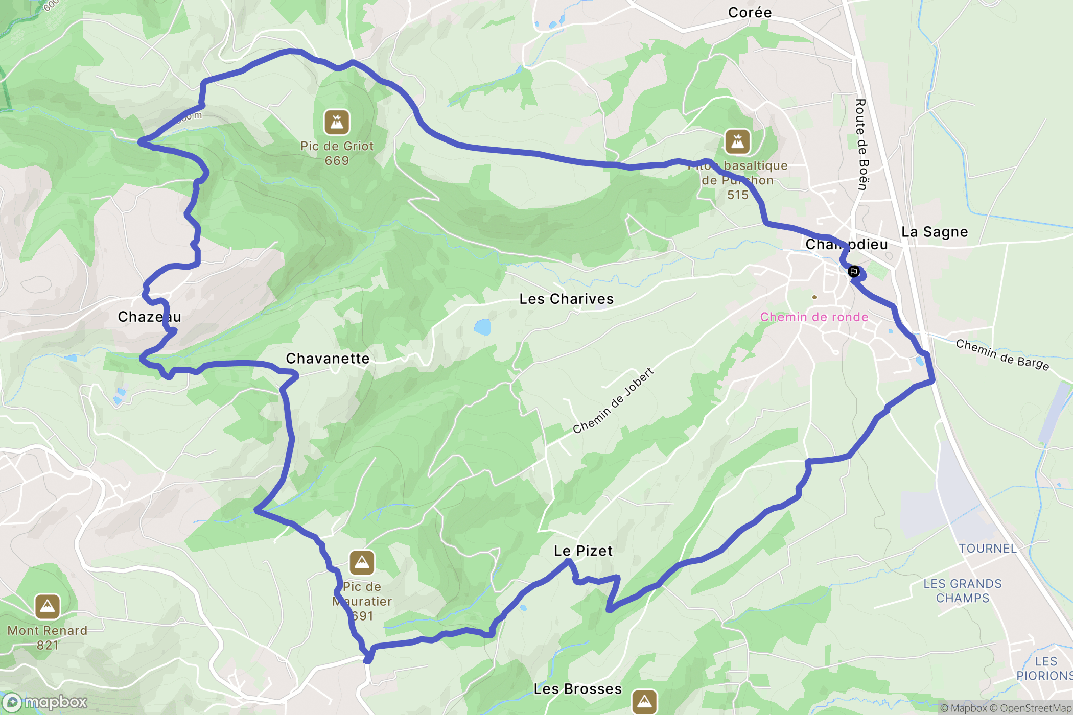 Champdieu : carte du parcours de randonnée - France