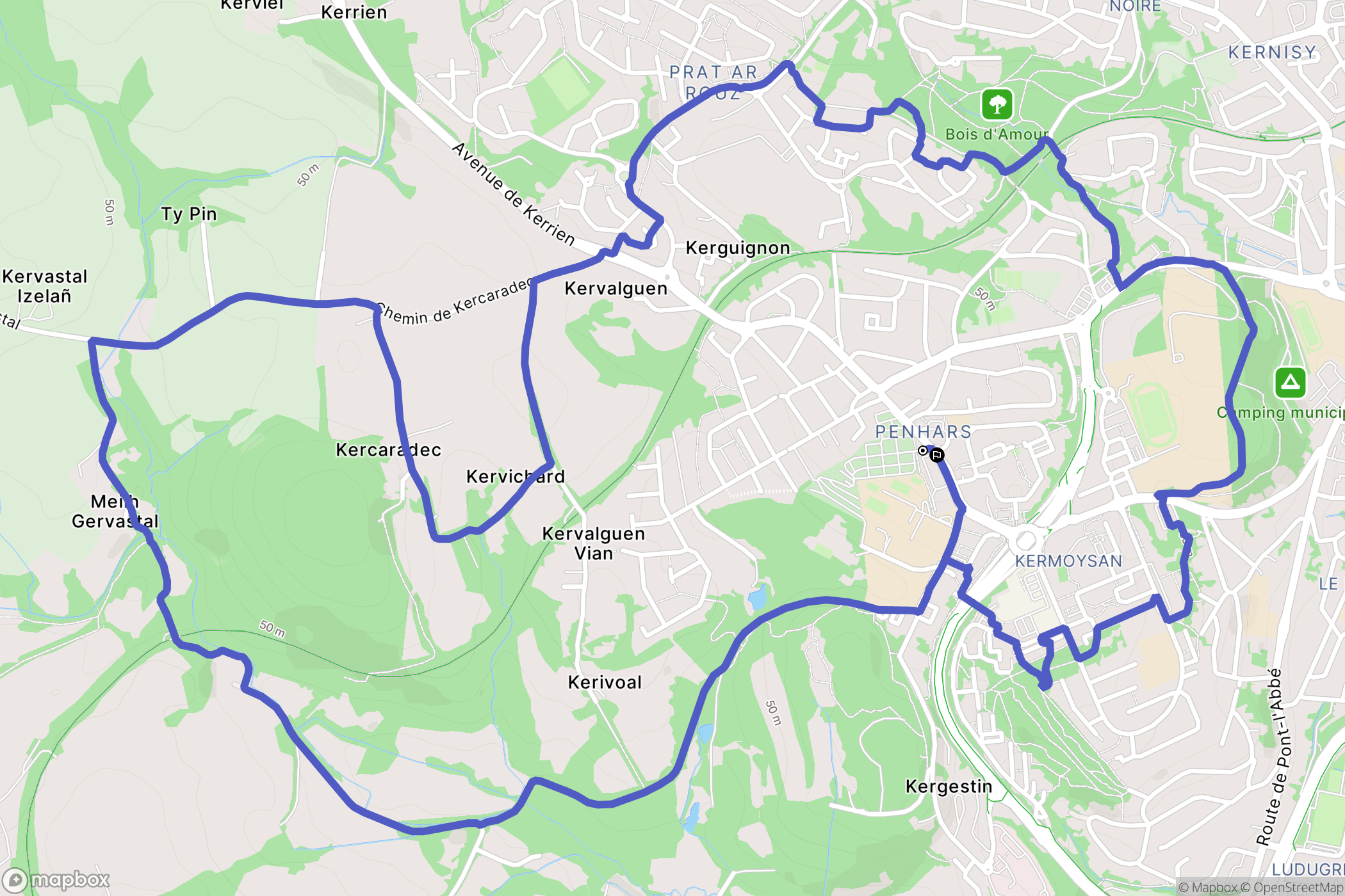 Quimper : carte du parcours de randonnée - France