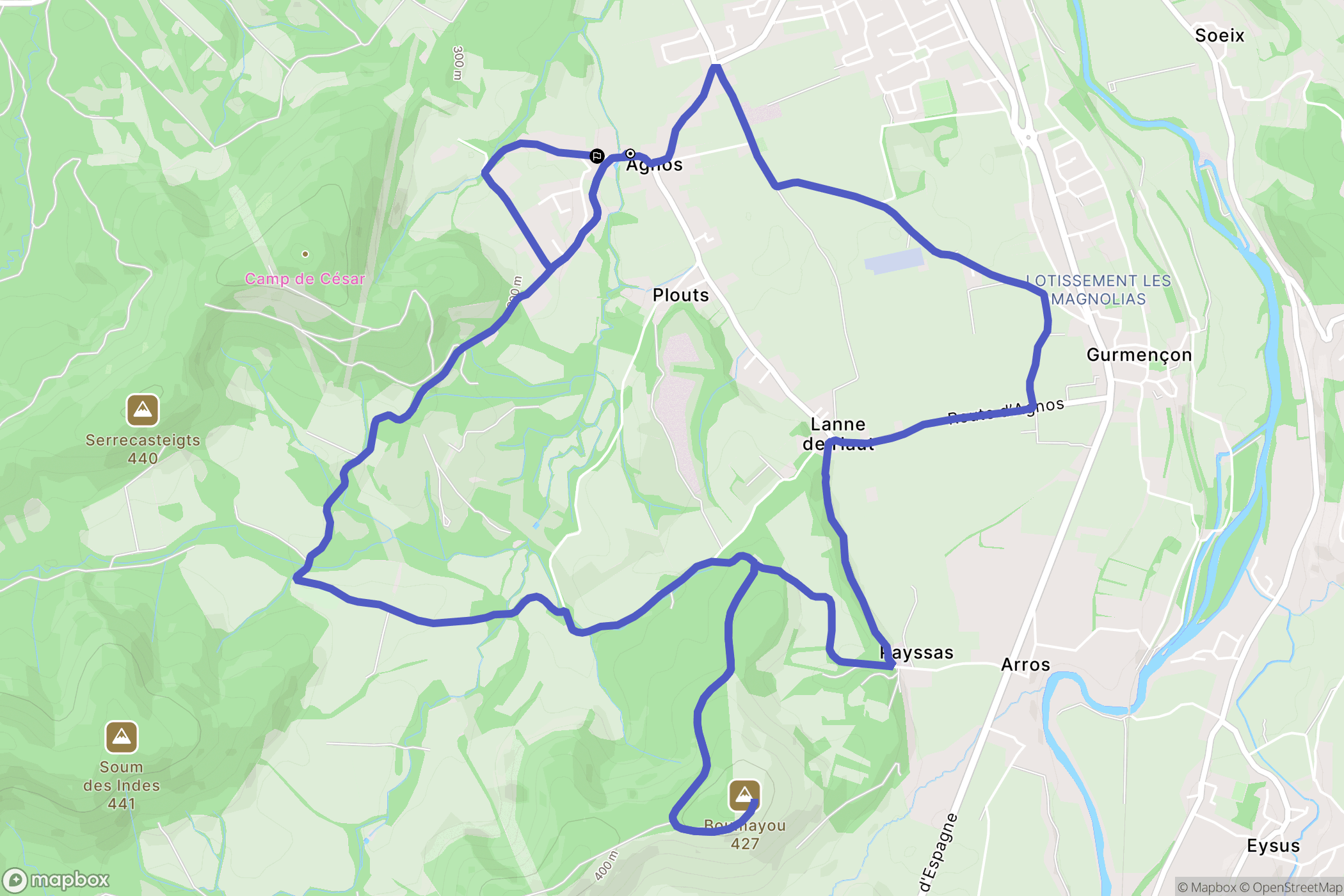 Agnos : carte du parcours de randonnée - France