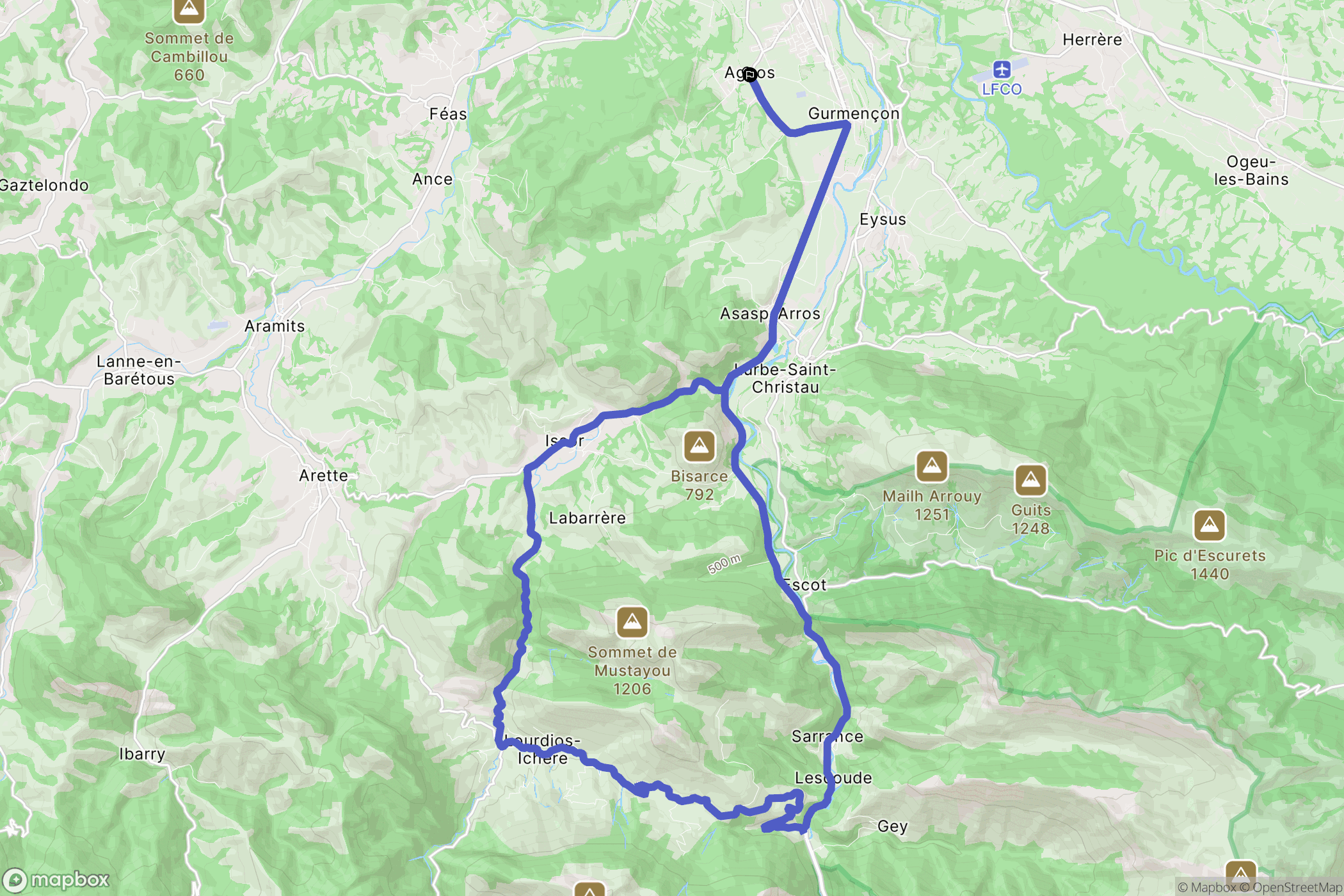 Agnos : carte du parcours de randonnée - France