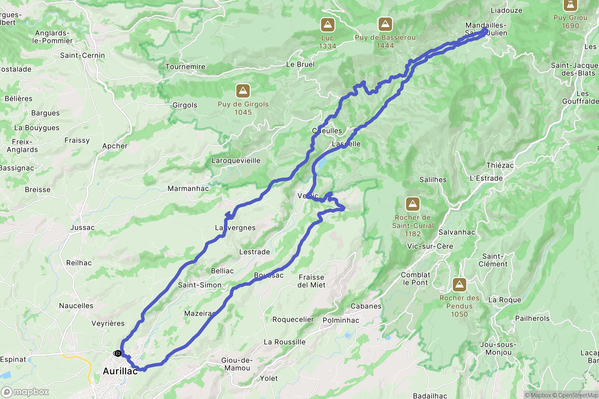 Aurillac : carte du parcours de randonnée - France