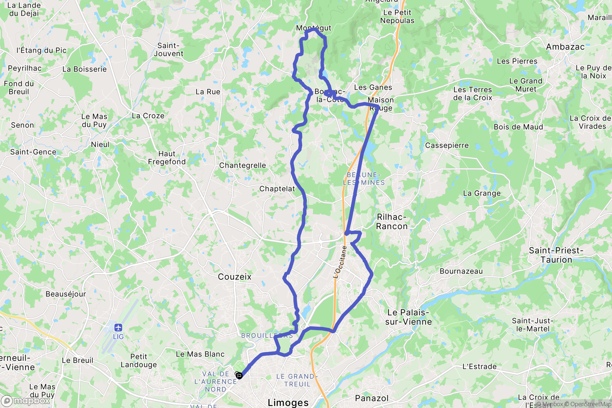 Limoges : carte du parcours de randonnée - France