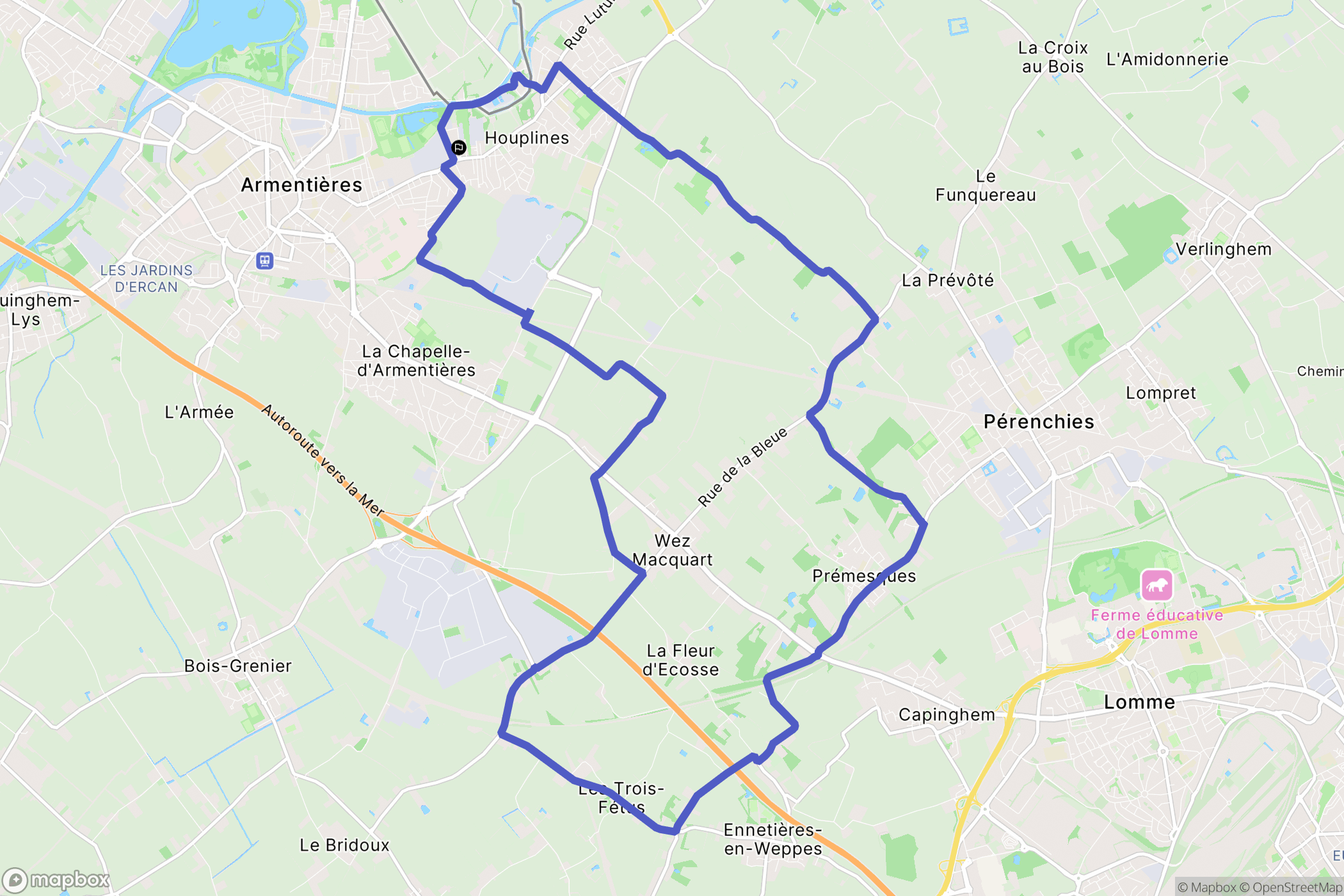 Houplines : carte du parcours de randonnée - France