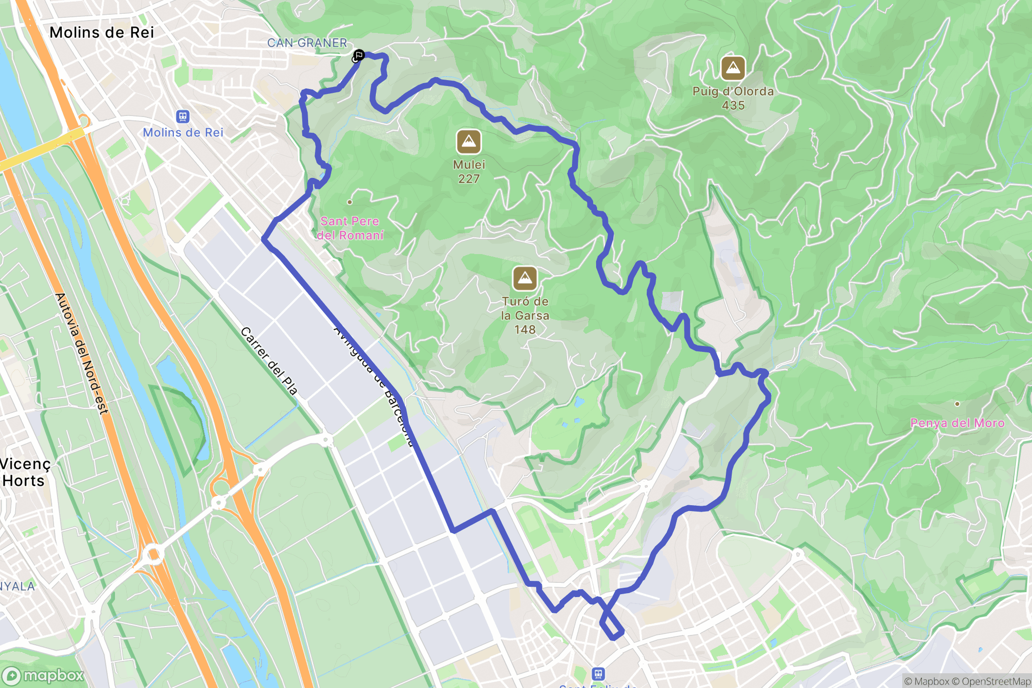 Molins de Rei : carte du parcours de randonnée - Spain