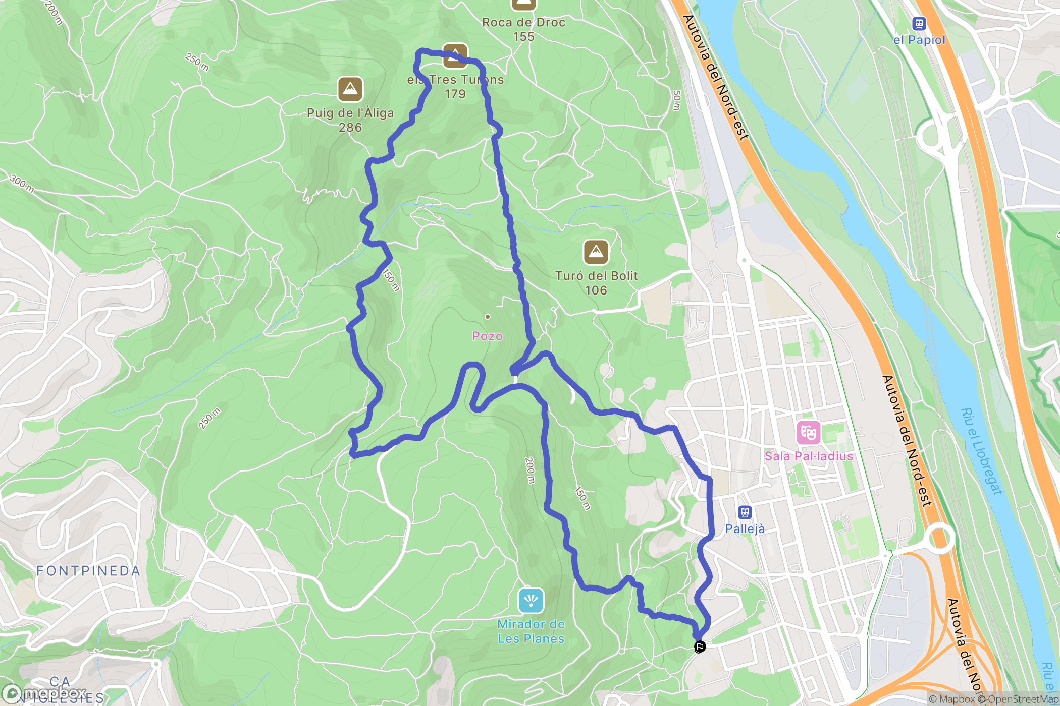 Pallejà : carte du parcours de randonnée - Spain