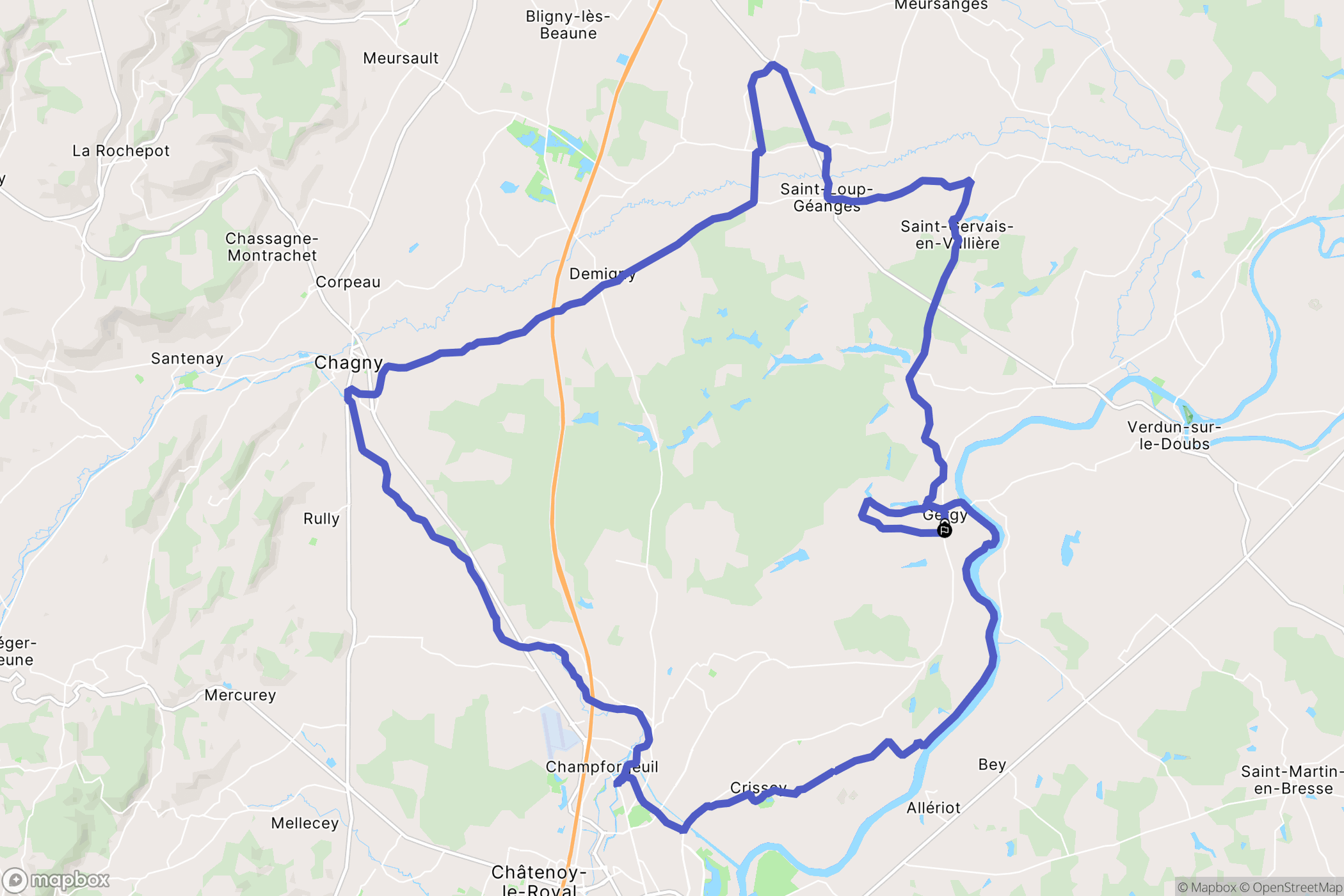 Gergy : carte du parcours de randonnée - France