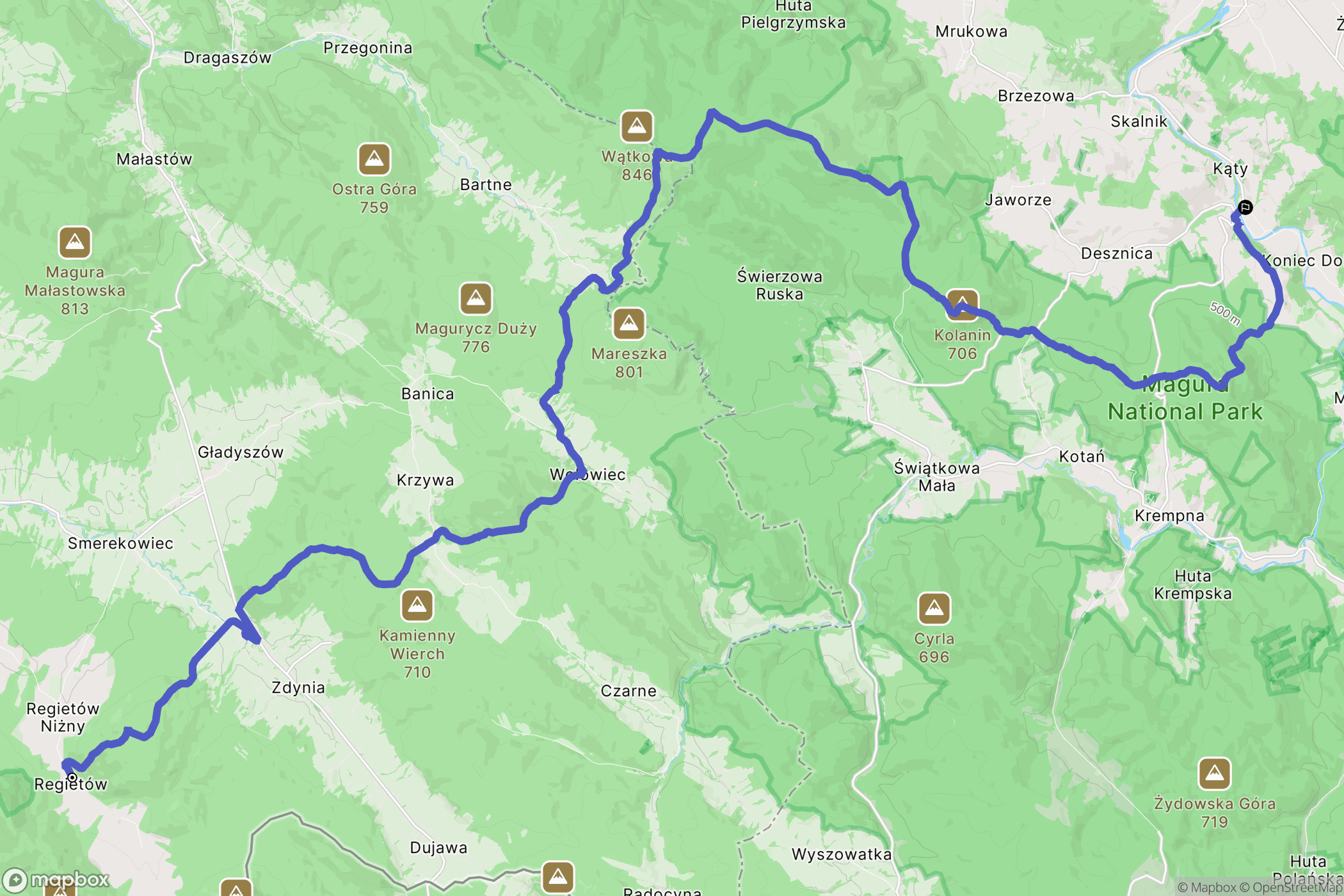 Regietów: mapa trasy - Poland