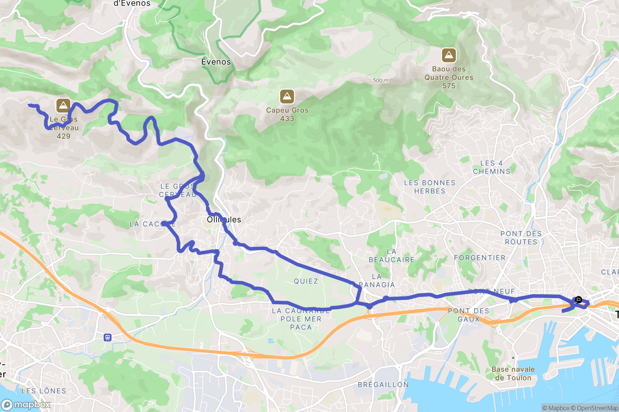 Toulon : carte du parcours de randonnée - France