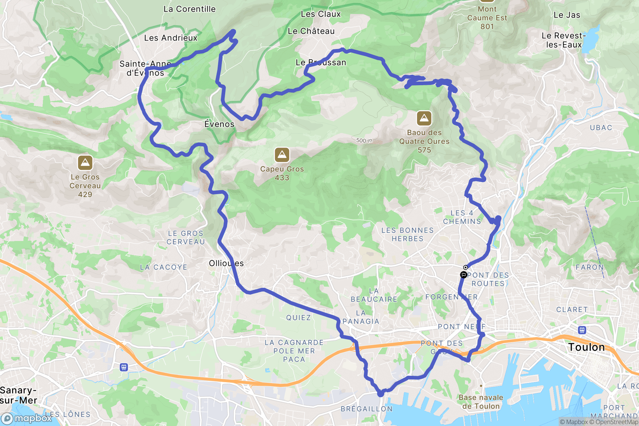 Toulon : carte du parcours de randonnée - France