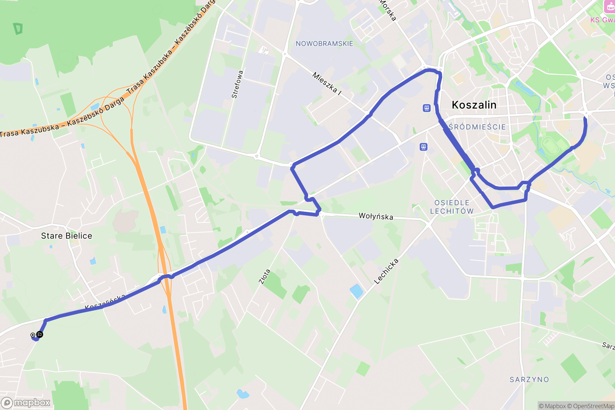 Nowe Bielice: mapa trasy - Poland