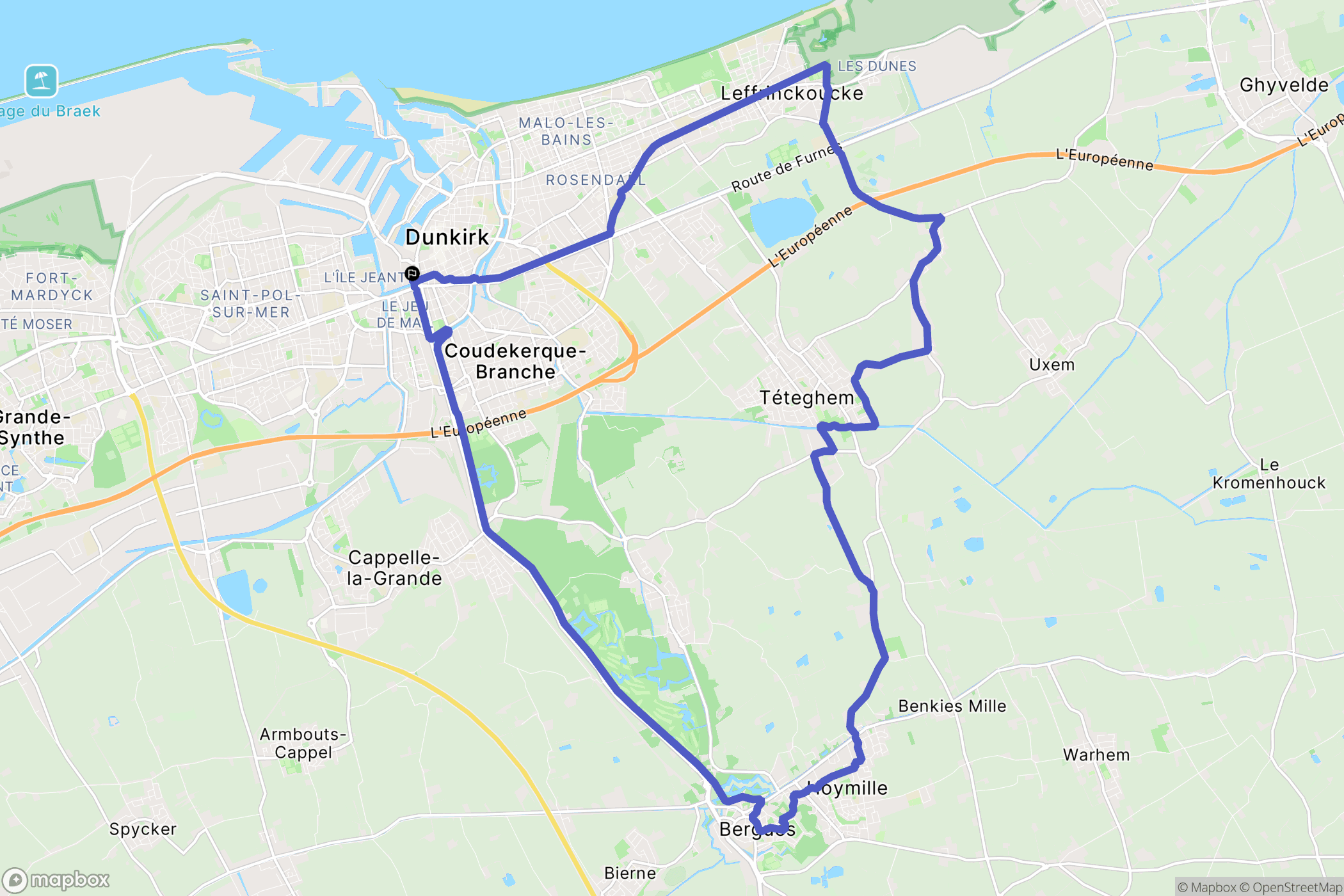 Dunkerque : carte du parcours de randonnée - France