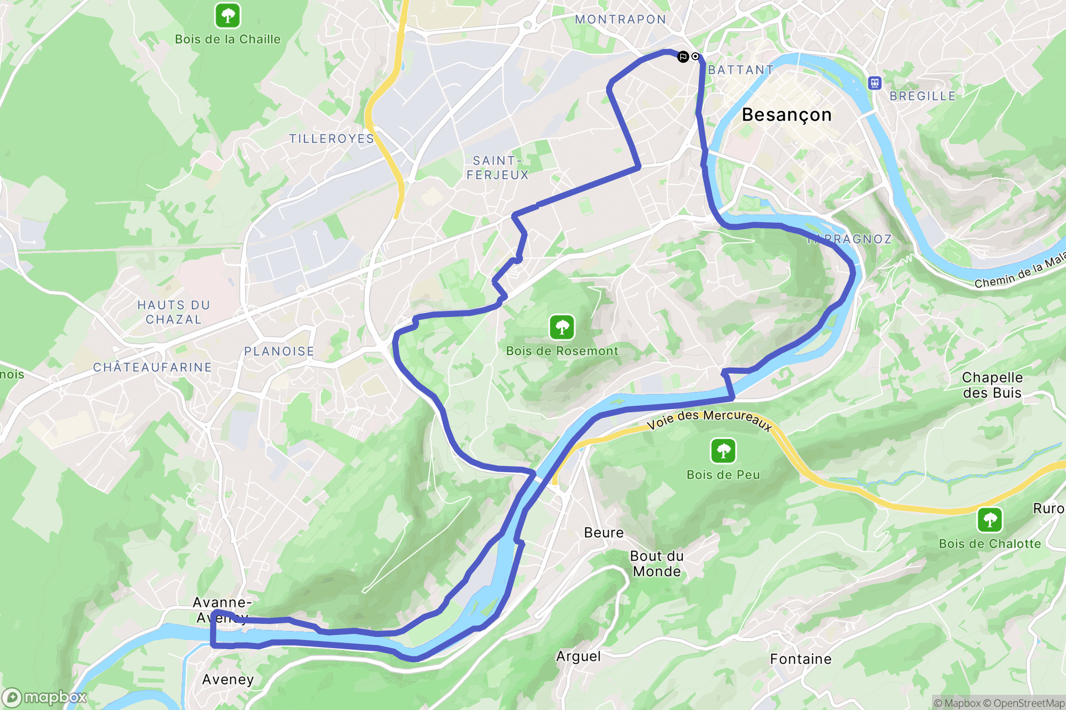 Besançon : carte du parcours de randonnée - France