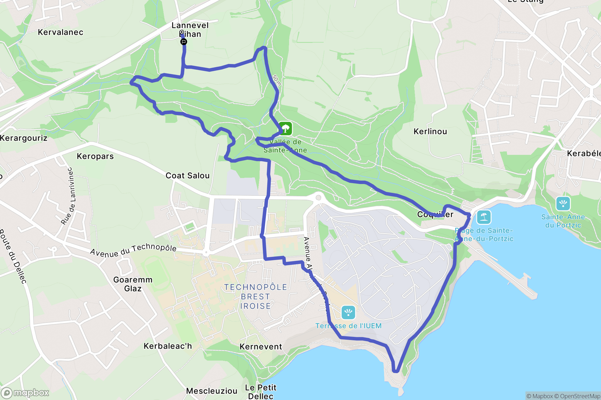 Plouzané : carte du parcours de randonnée - France