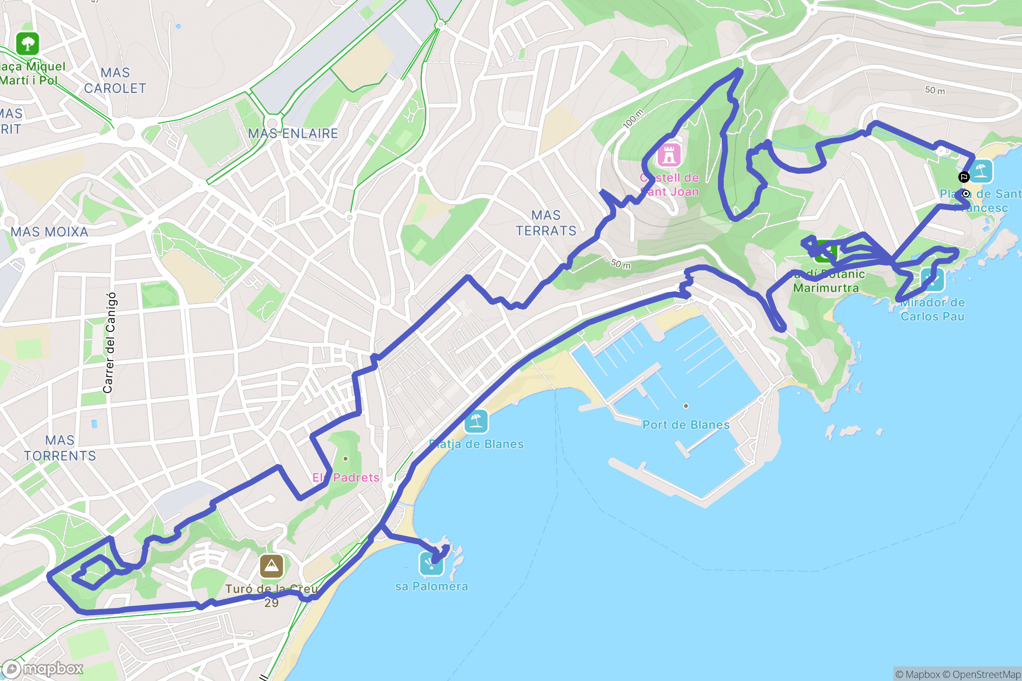 Blanes : carte du parcours de randonnée - Spain