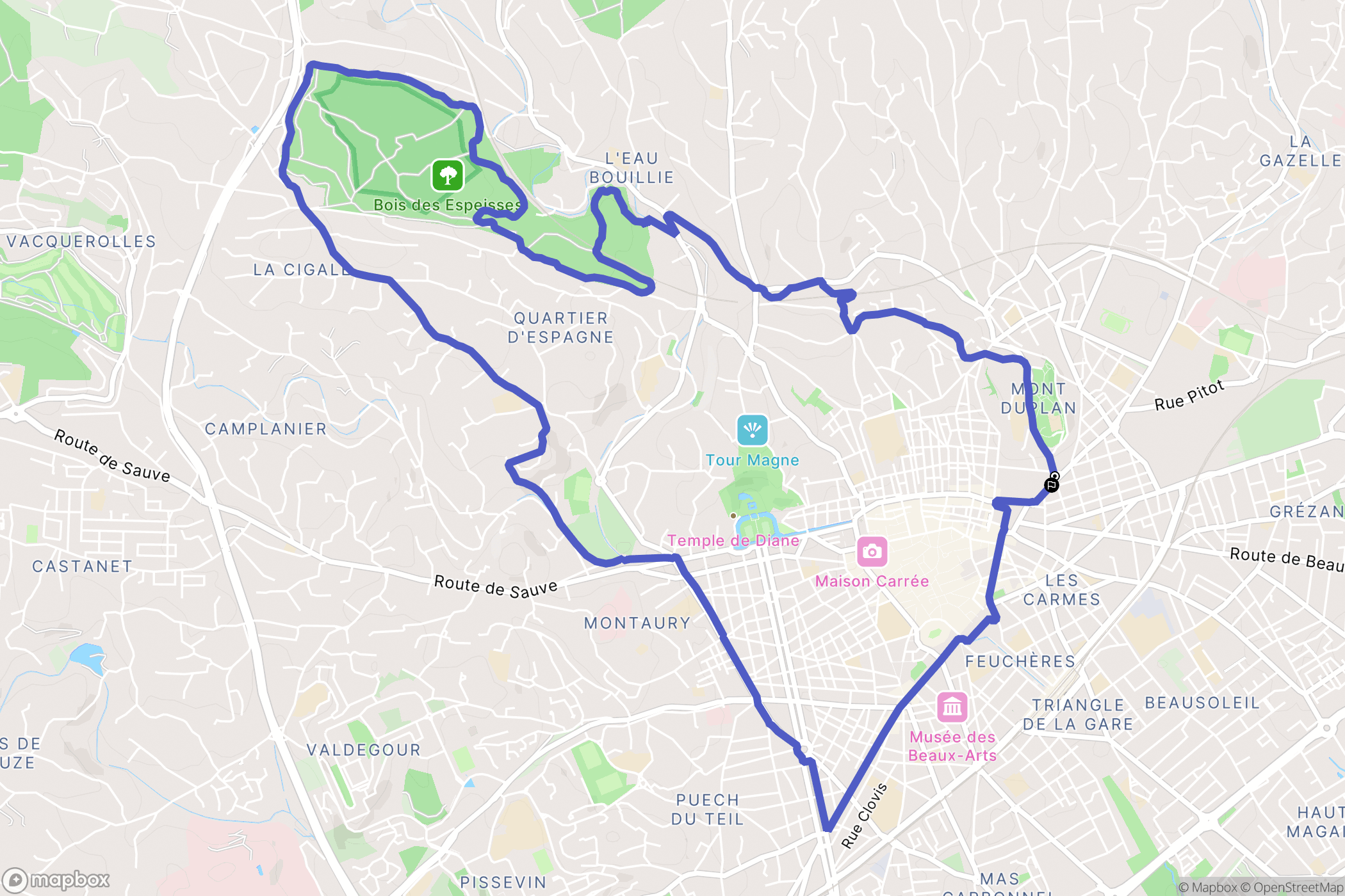 Nîmes : carte du parcours de randonnée - France