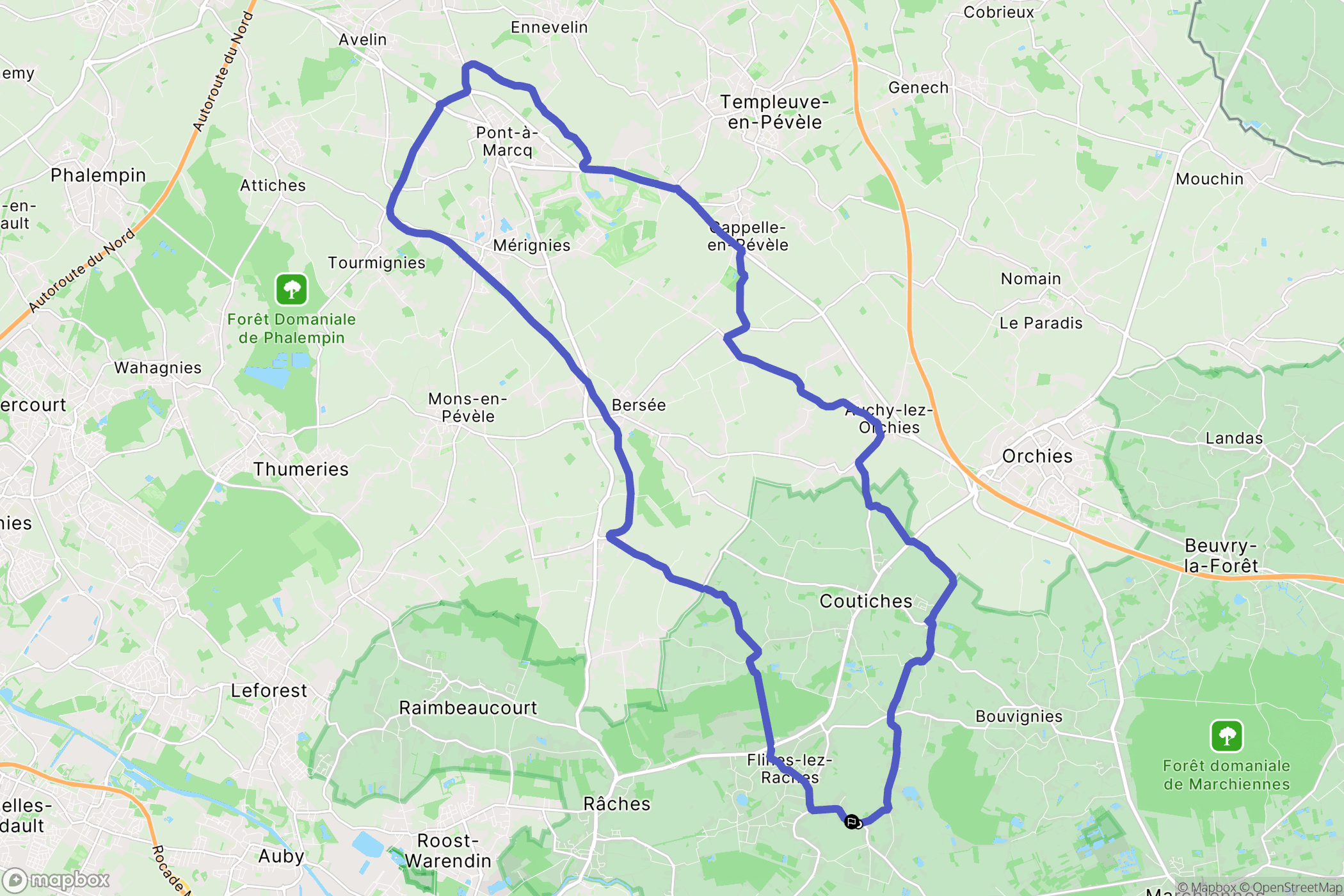 Flines-lez-Raches : carte du parcours de randonnée - France